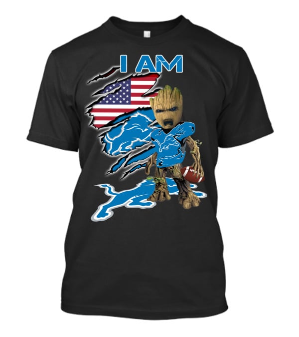 I Am Groot Detroit Lions Fan Football American Flag T-Shirt