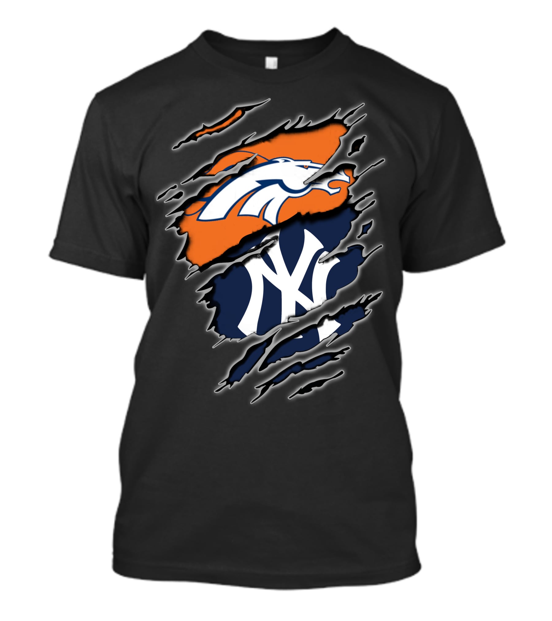 Broncos And Yankees Combined Logos On Torn T-Shirt