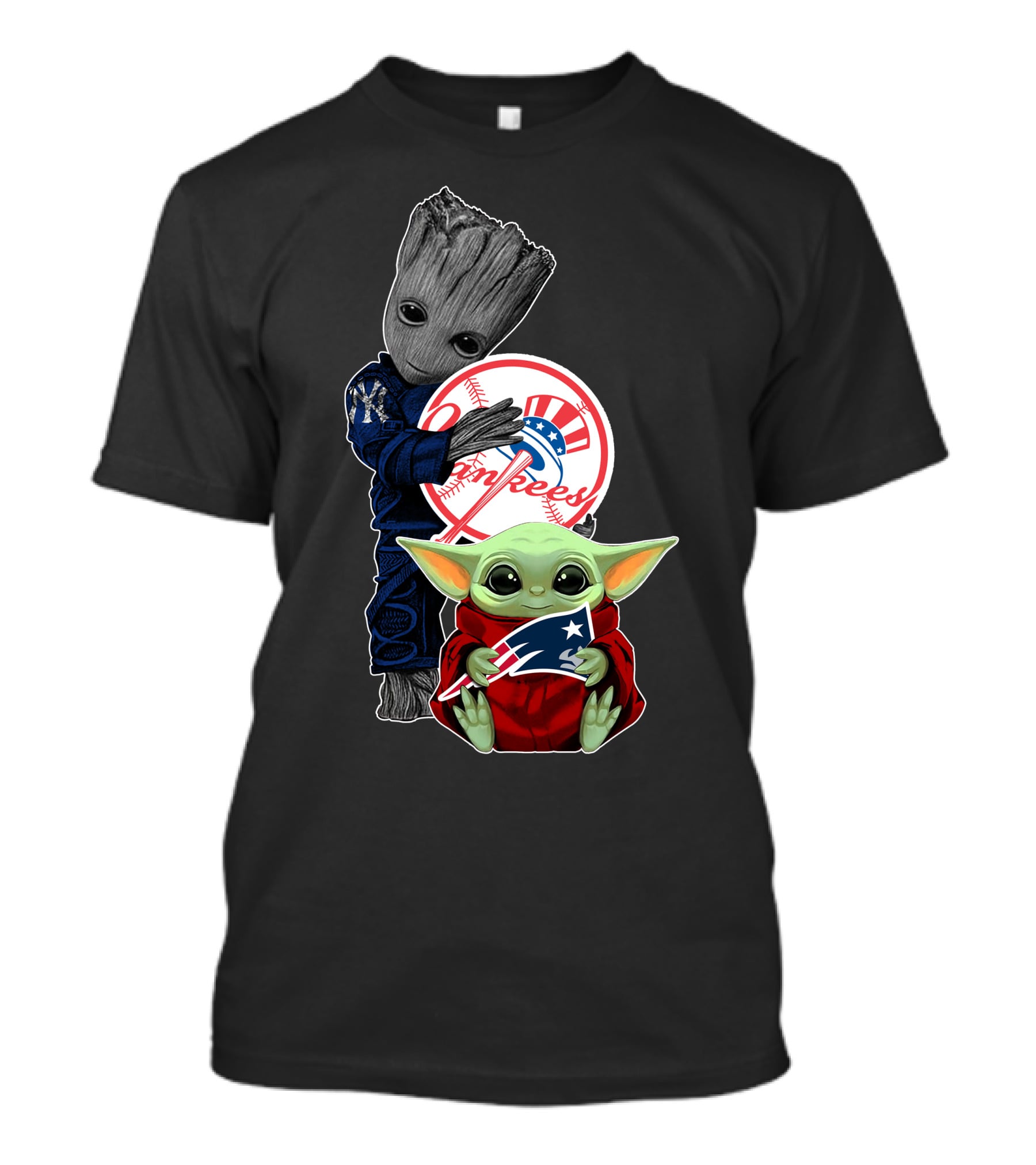 Groot And Baby Yoda With Yankees And Patriots Elements T-Shirt