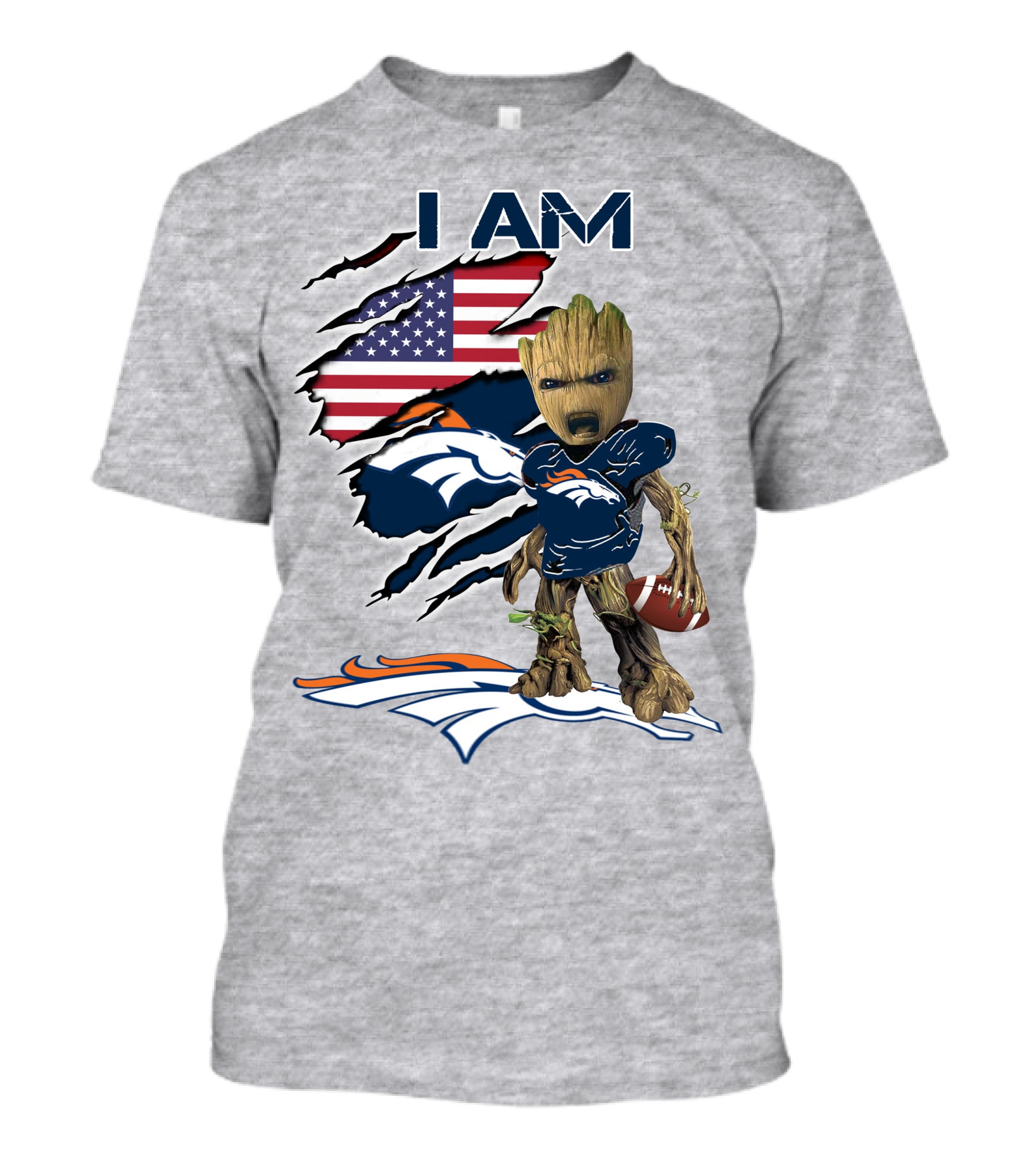 I Am Broncos Baby Groot American Flag Football T-Shirt