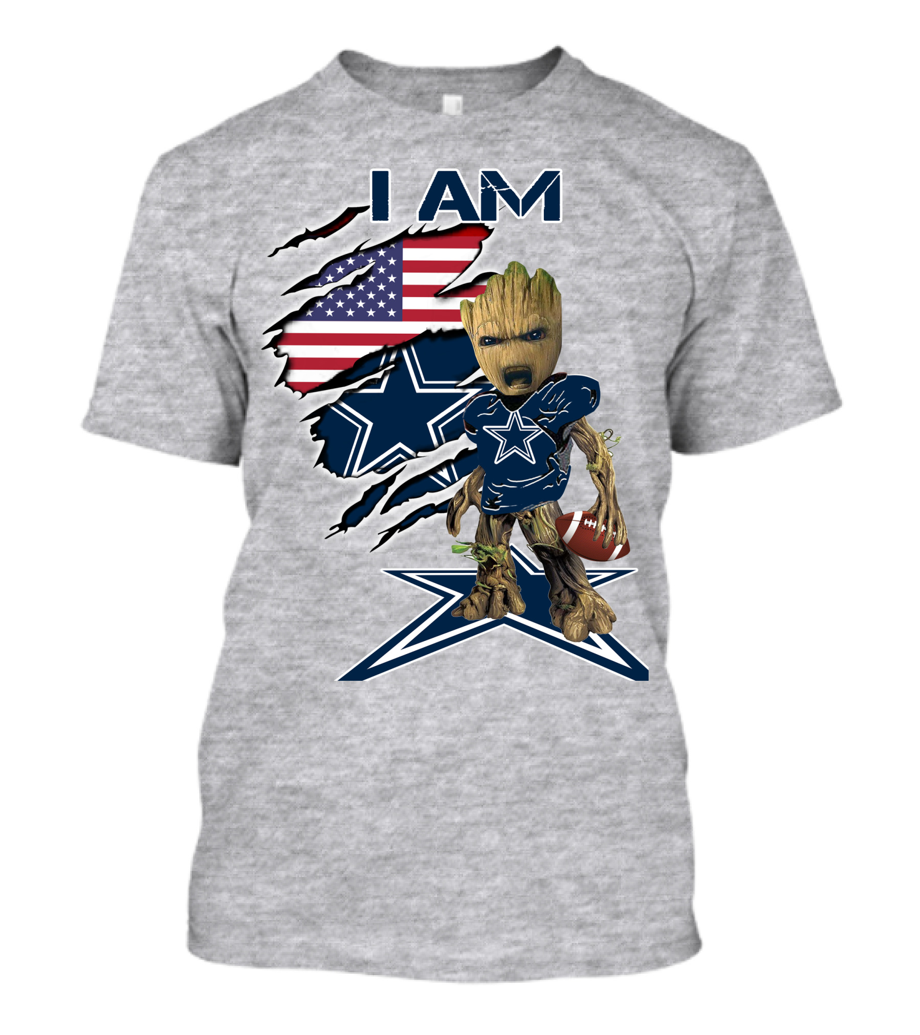 I Am Baby Groot Cowboys Fan With American Flag And Football T-Shirt