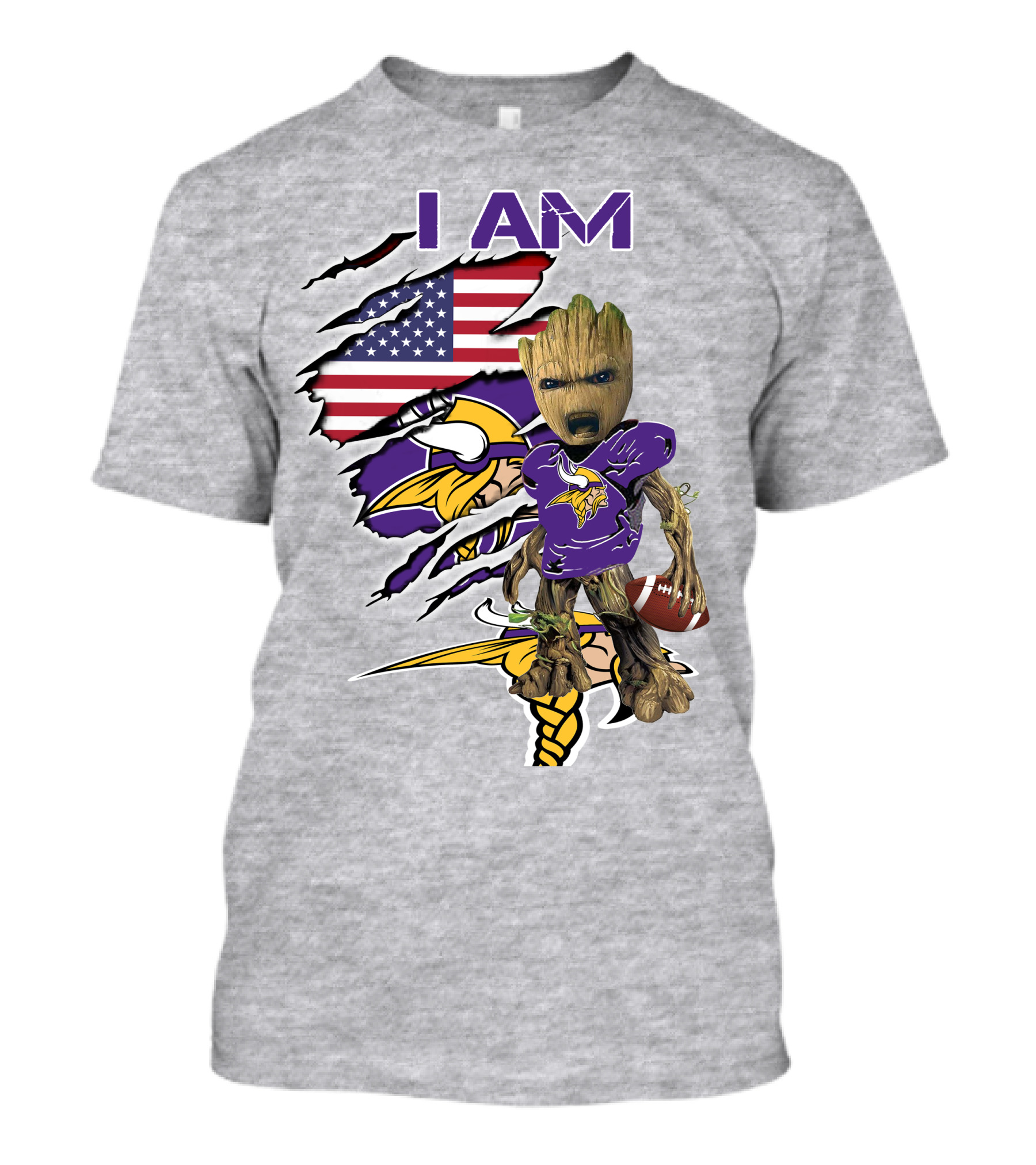 I Am Vikings Baby Groot American Flag Football T-Shirt