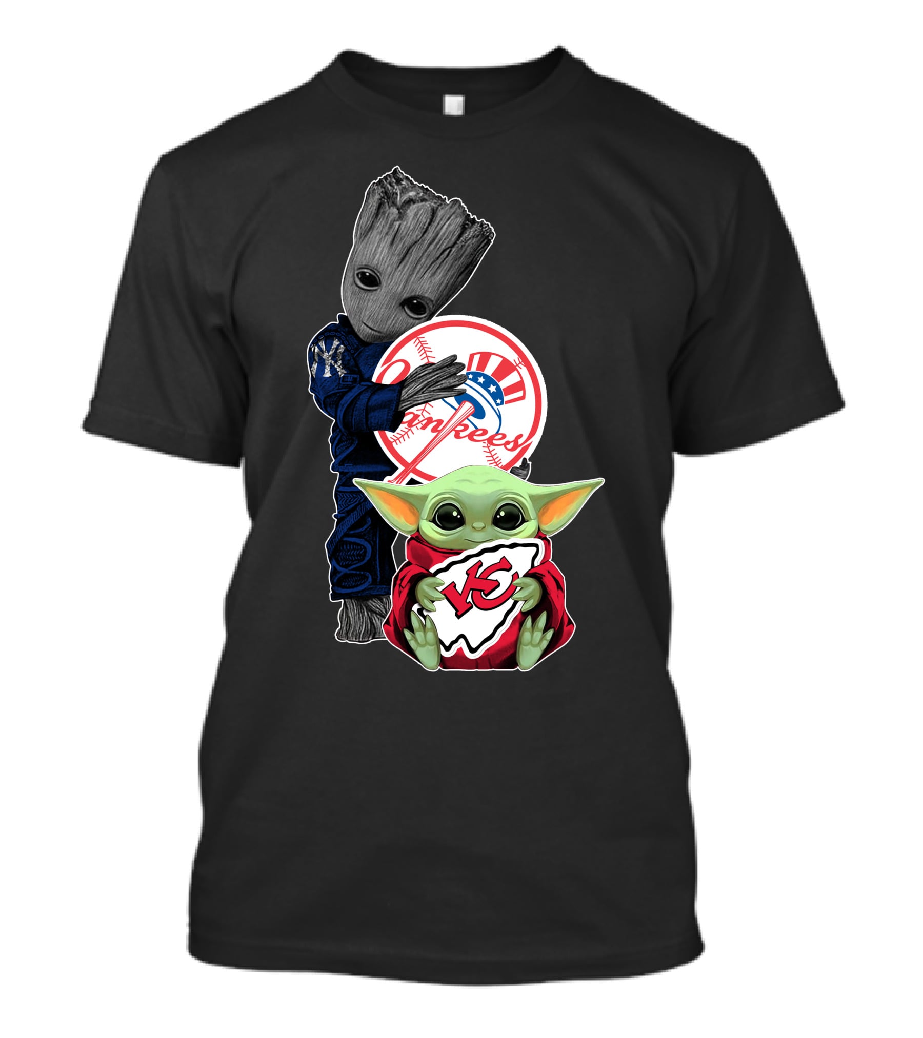 Yankees Groot Holding Chiefs Baby Yoda Shield T-Shirt