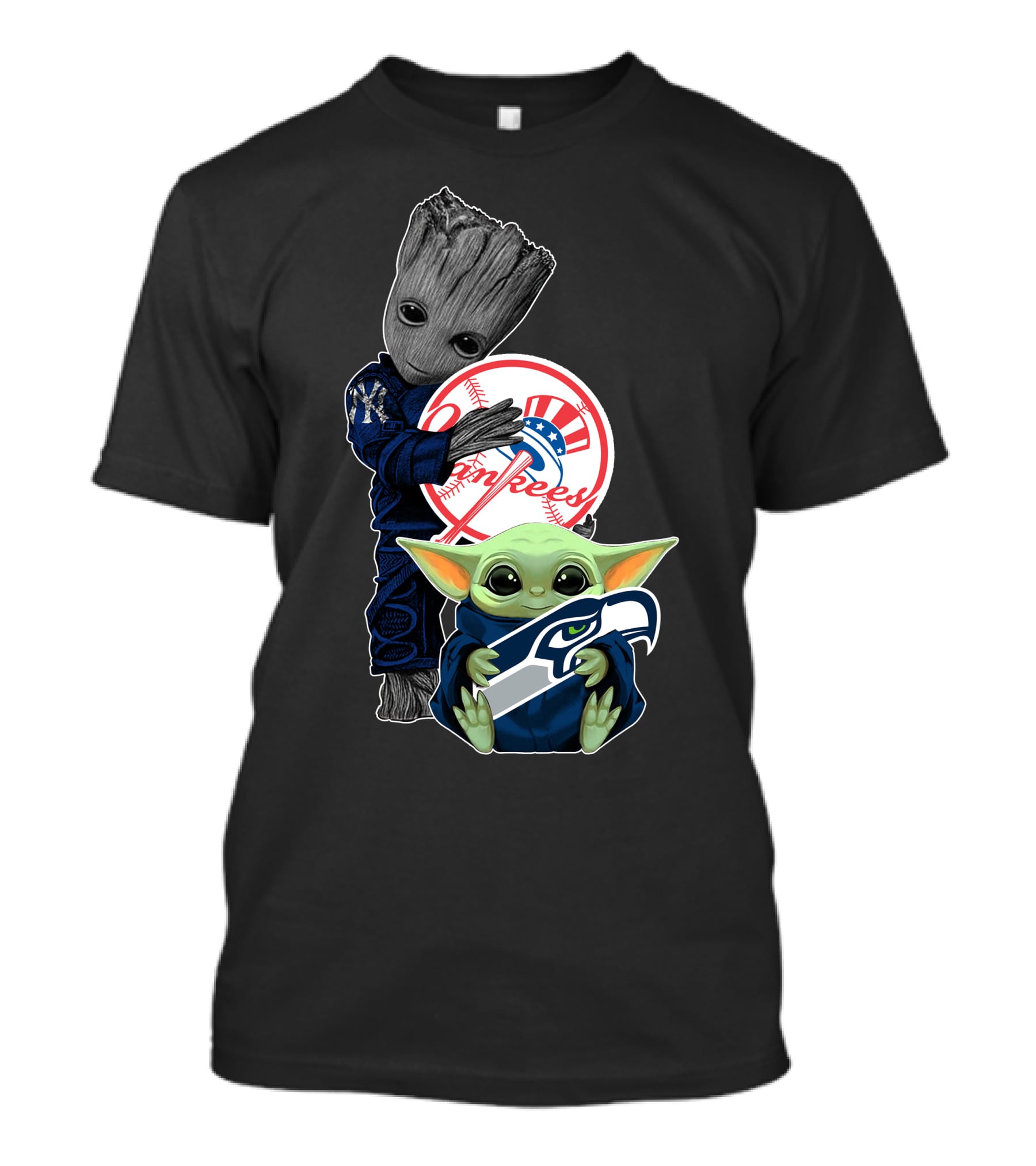 Yankees Baby Yoda With Seahawks And Guardians Of The Galaxy Groot T-Shirt