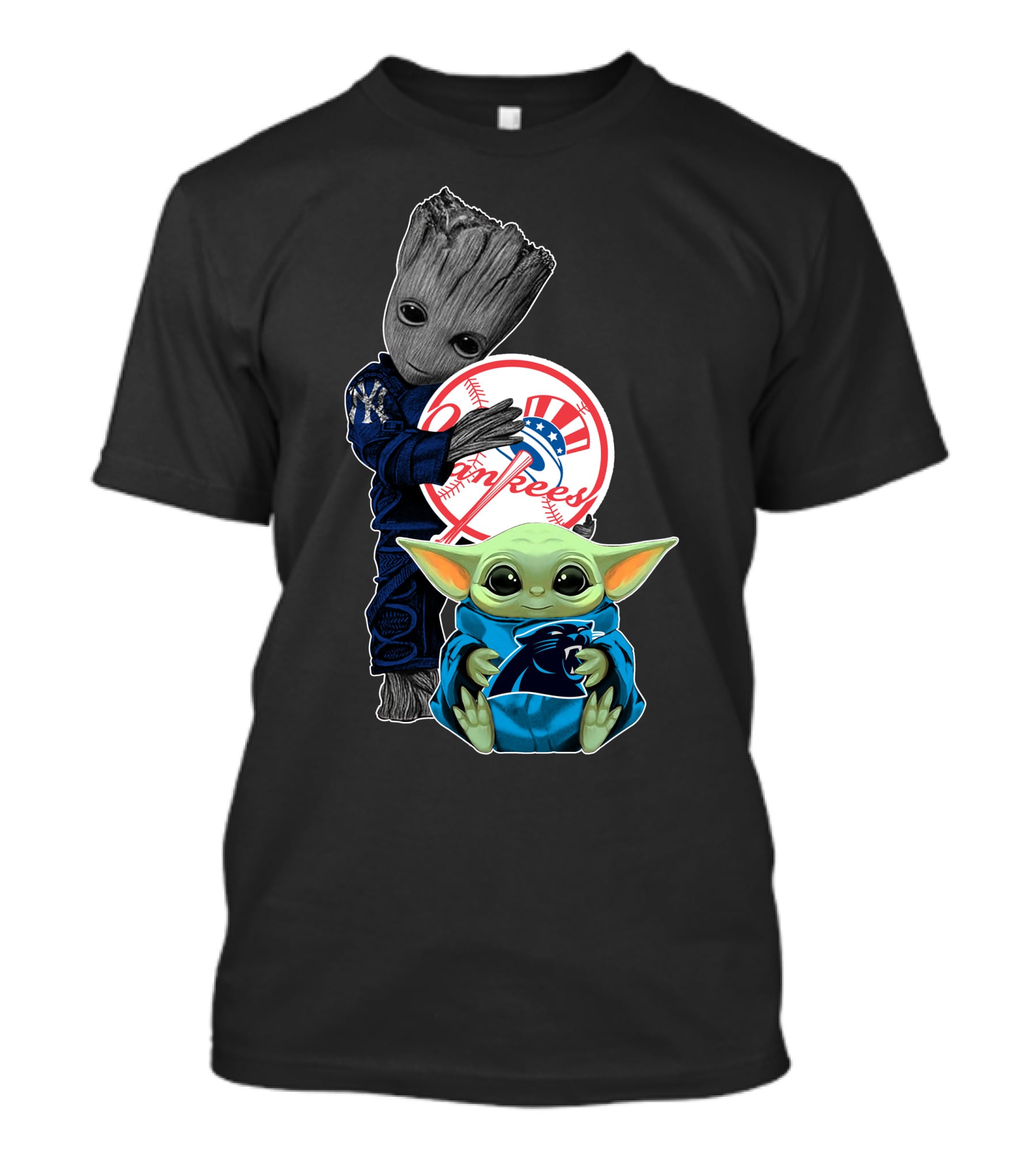 New York Yankees Groot And Panthers Baby Yoda T-Shirt
