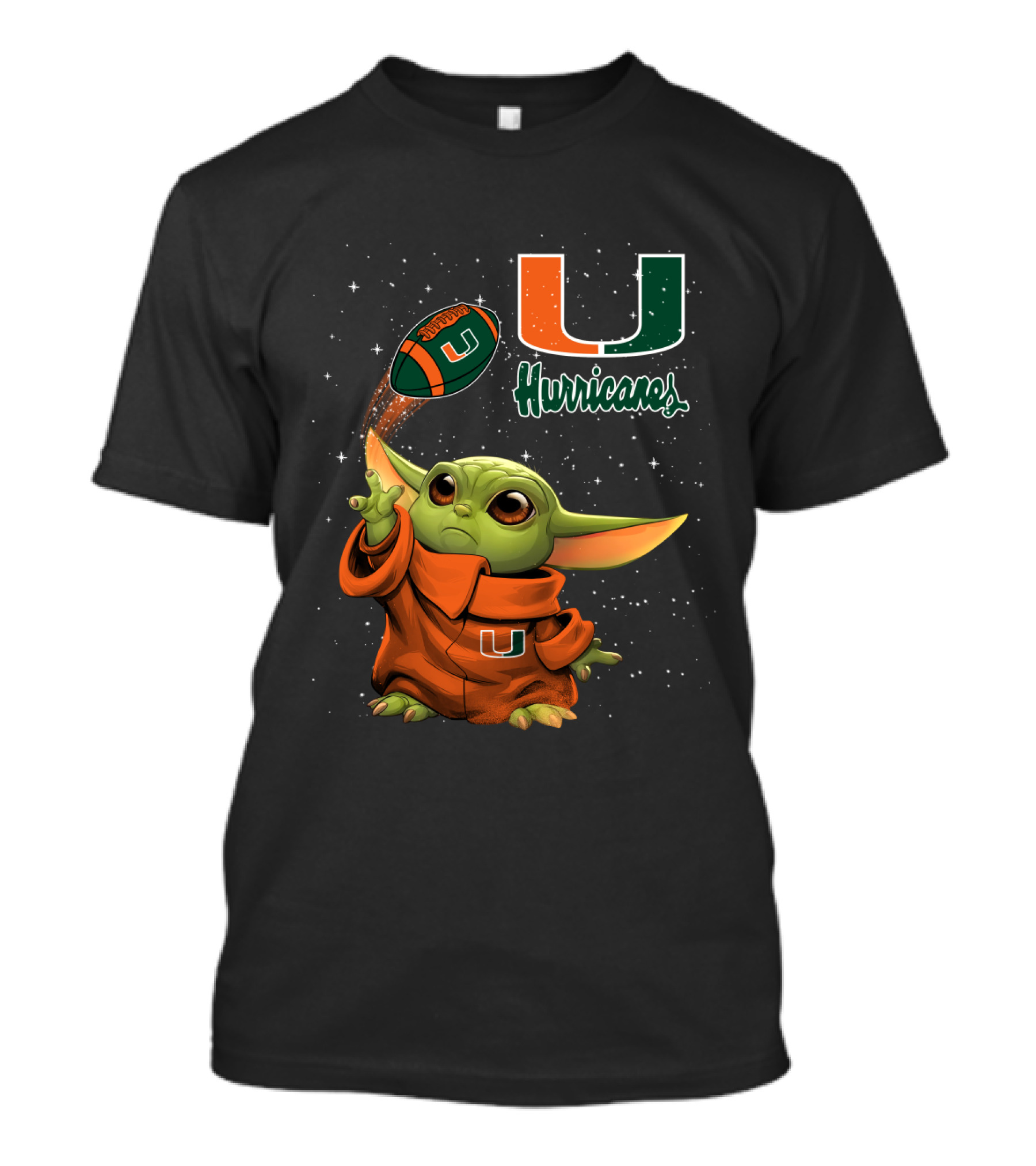 Baby Yoda Miami Hurricanes U Logo Football Starry Background T-Shirt