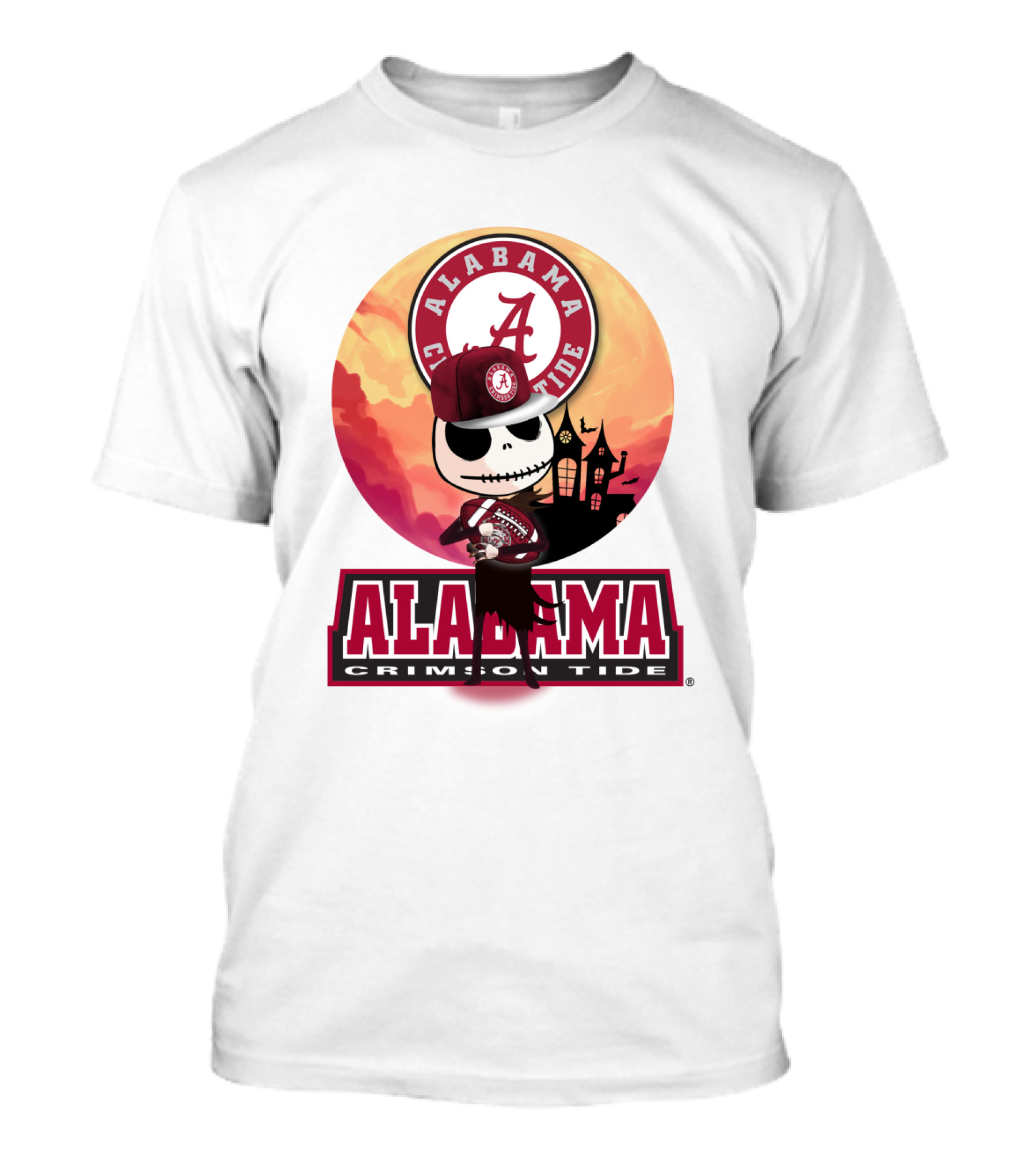 Alabama Crimson Tide Skeleton Character Holding Football In Front Of Haunted House T-Shirt