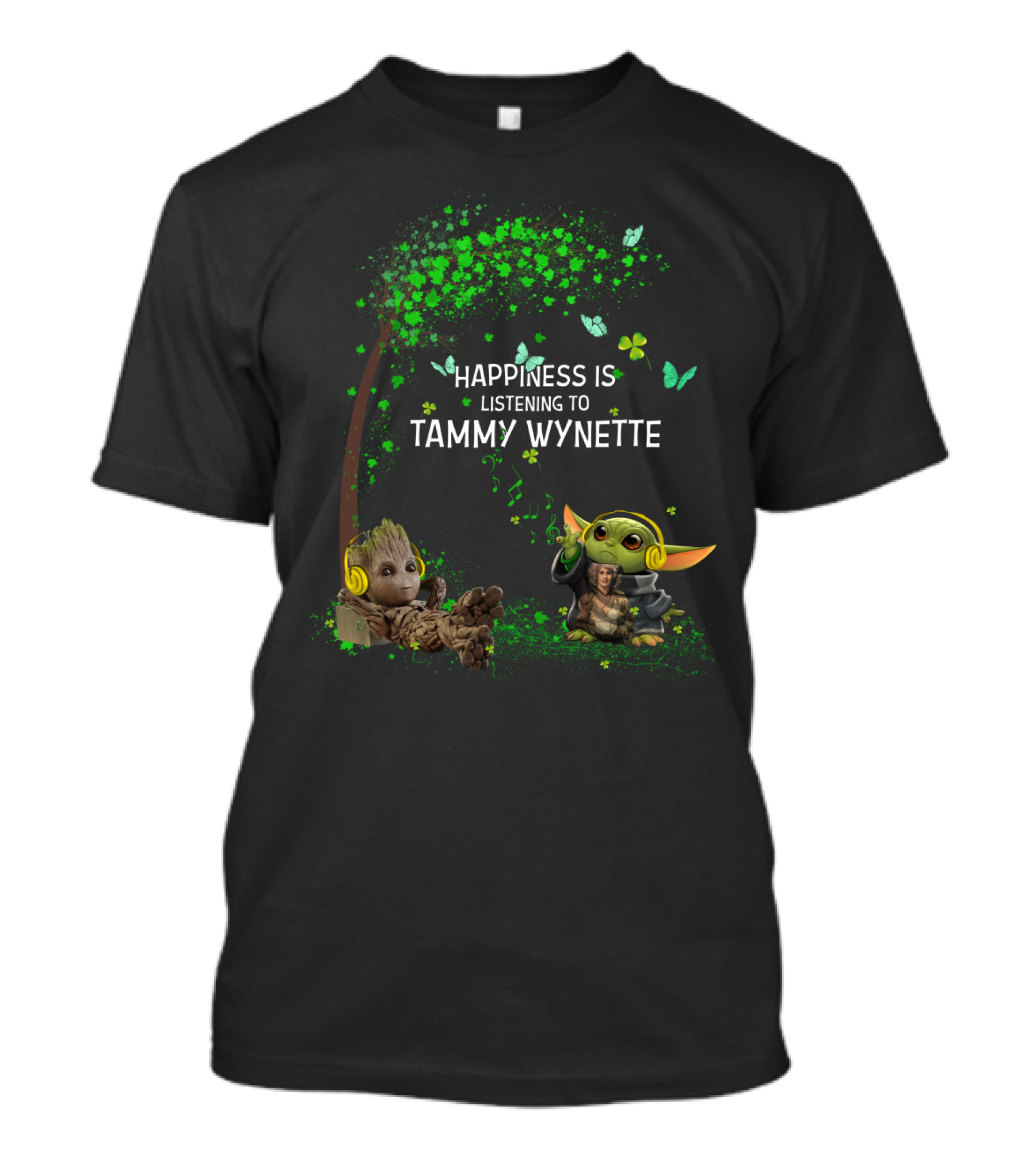 Happiness Is Listening To Tammy Wynette With Groot And Baby Yoda T-Shirt