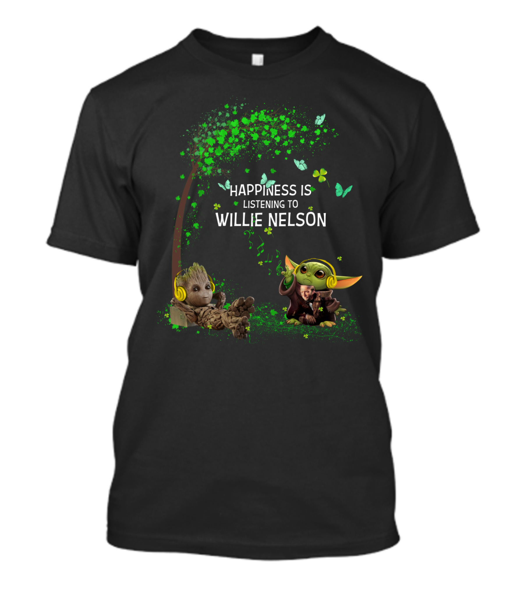 Happiness Is Listening To Willie Nelson With Baby Groot And Baby Yoda T-Shirt