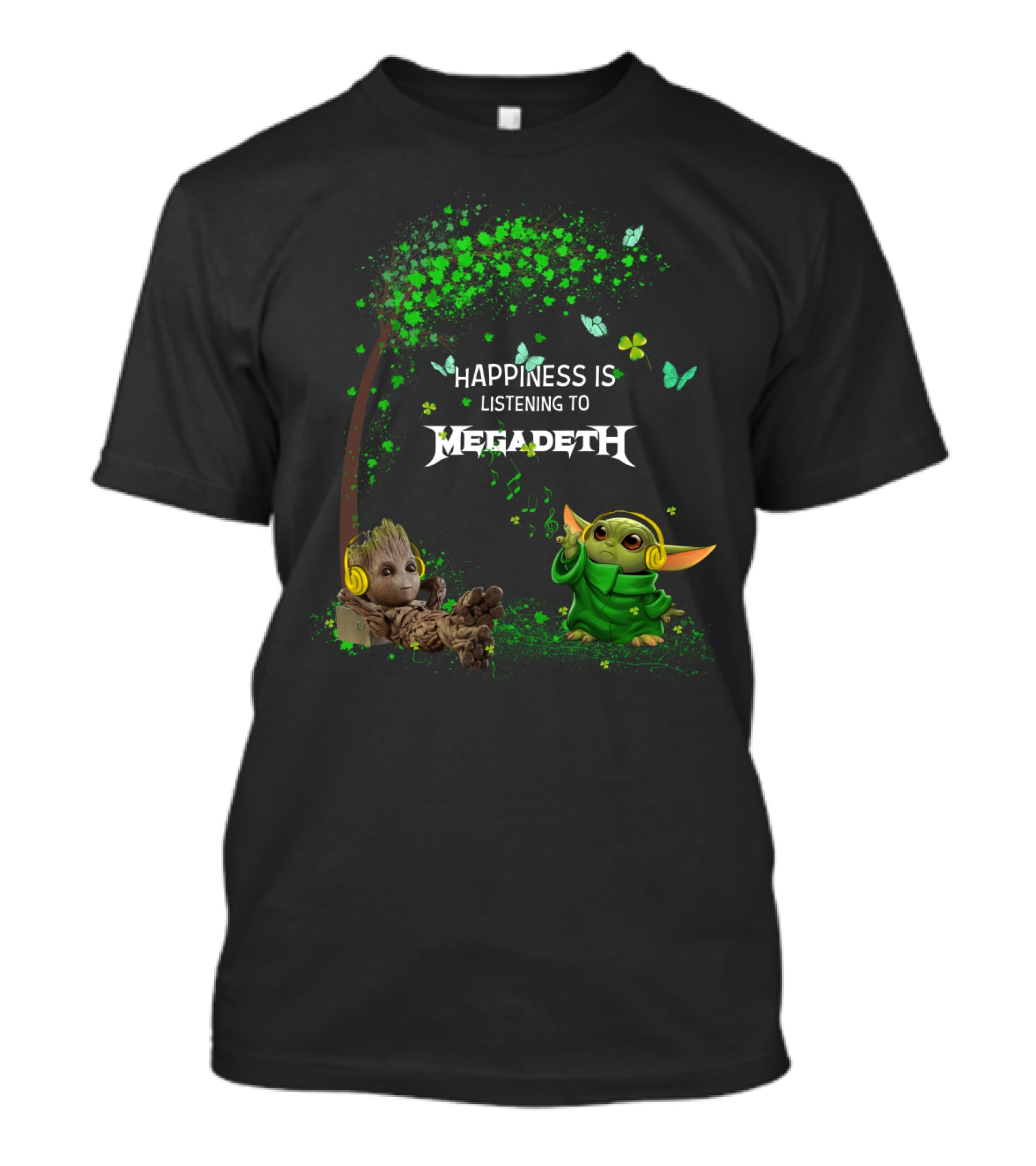 Happiness Is Listening To Megadeth With Characters Under Green Tree With Butterflies And Headphones T-Shirt