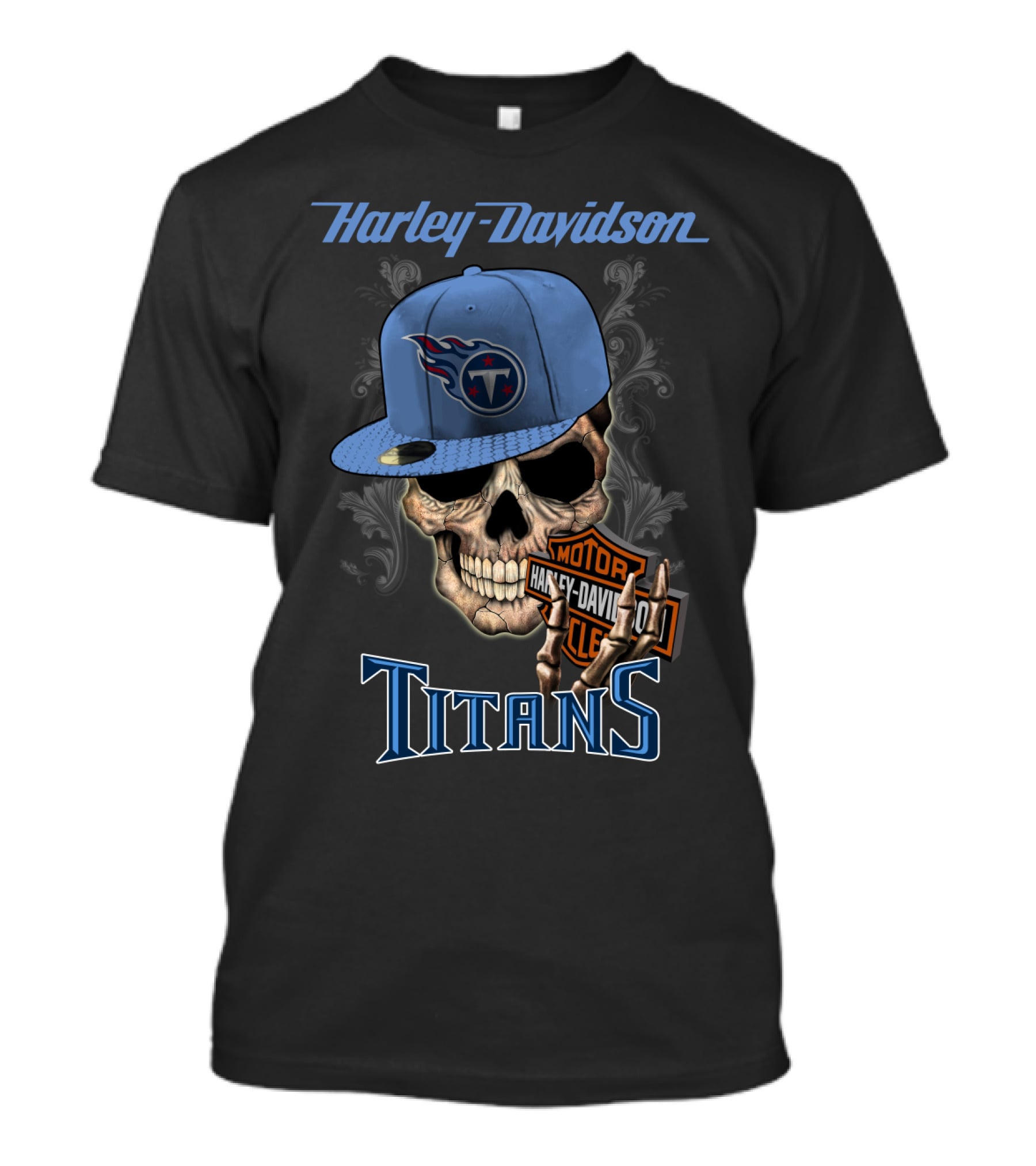 Harley Davidson Skull With Tennessee Titans Cap T-Shirt