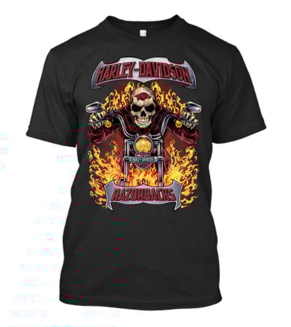 Harley Davidson Motorcycles Razorbacks Ncaa Arkansas Hl1502 Skull Flames Motorcycle T-Shirt