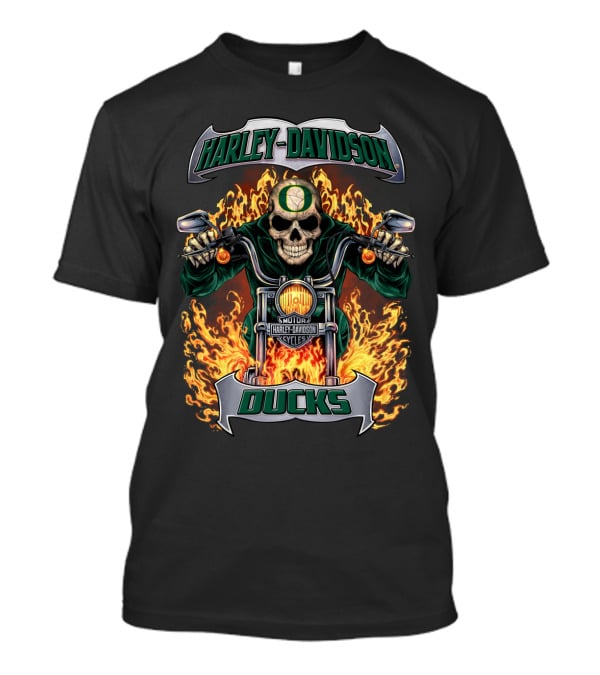 Harley Davidson Oregon Ducks Skeleton Motorcycle Fire T-Shirt