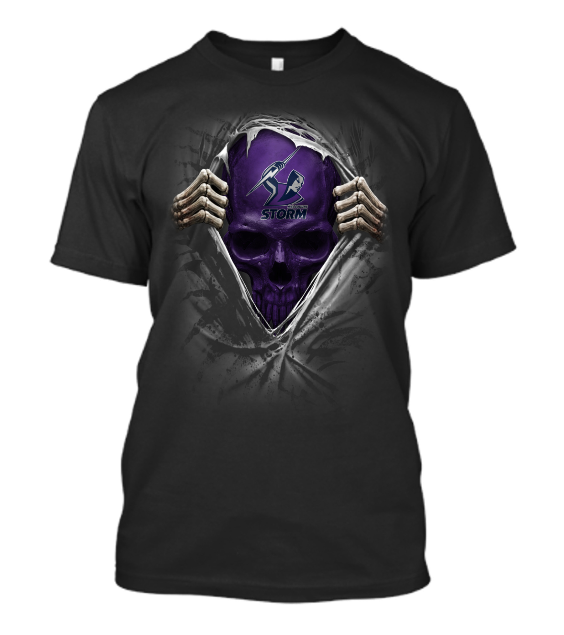 XA NRL Melbourne Storm Skull With Logo And Skeleton Hands T-Shirt