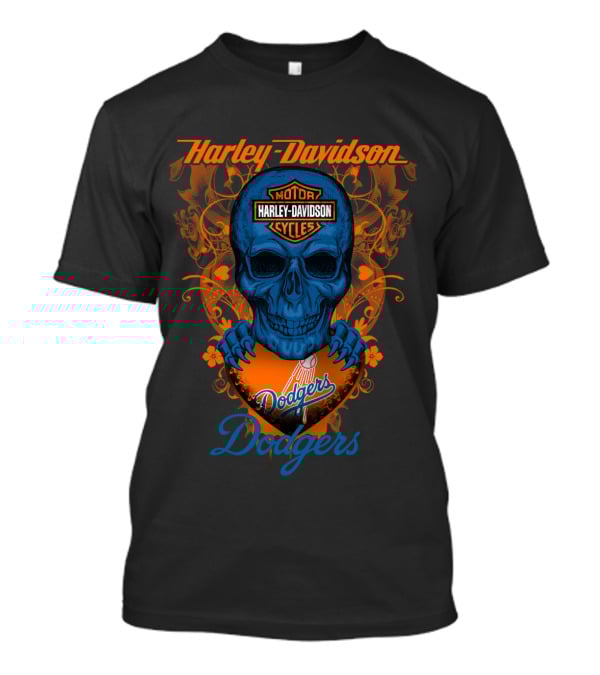 Harley Davidson Motor Cycles Skull Dodgers Los Angeles Baseball T-Shirt
