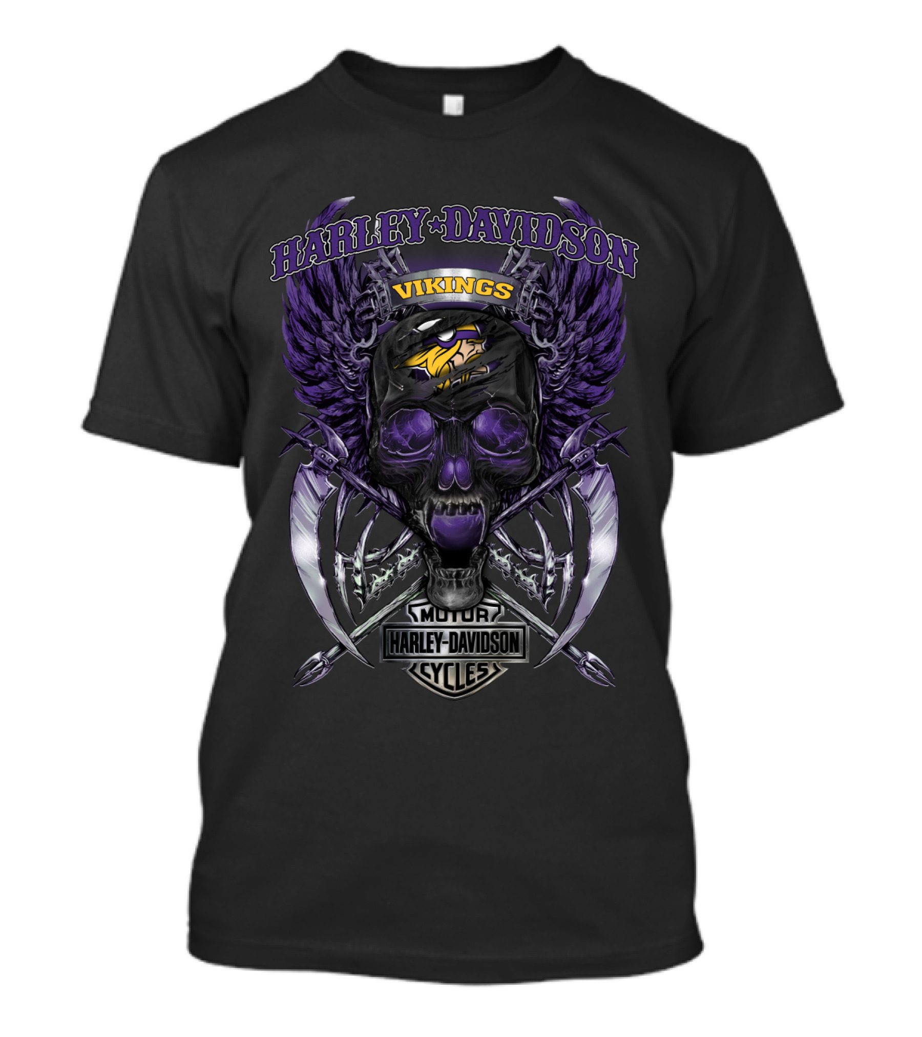 Harley Davidson Vikings Motor Cycles Minnesota Skull Wings T-Shirt