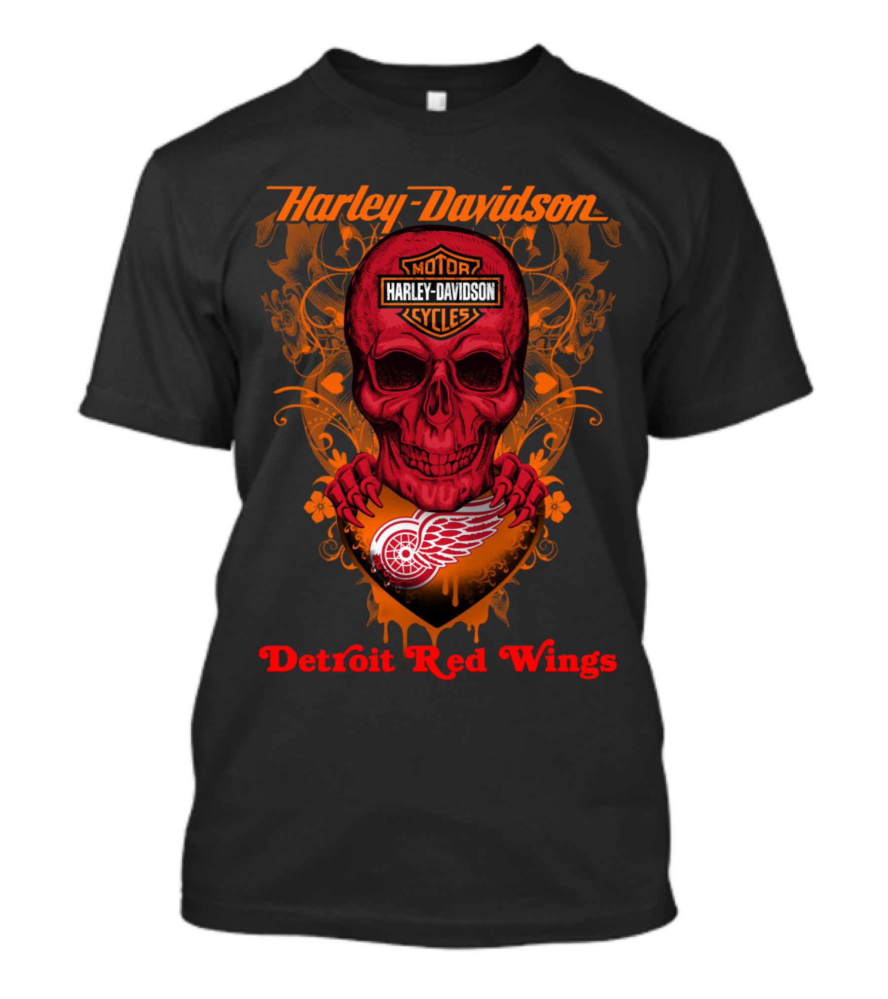 Harley Davidson Motor Cycles Skull Detroit Red Wings T-Shirt