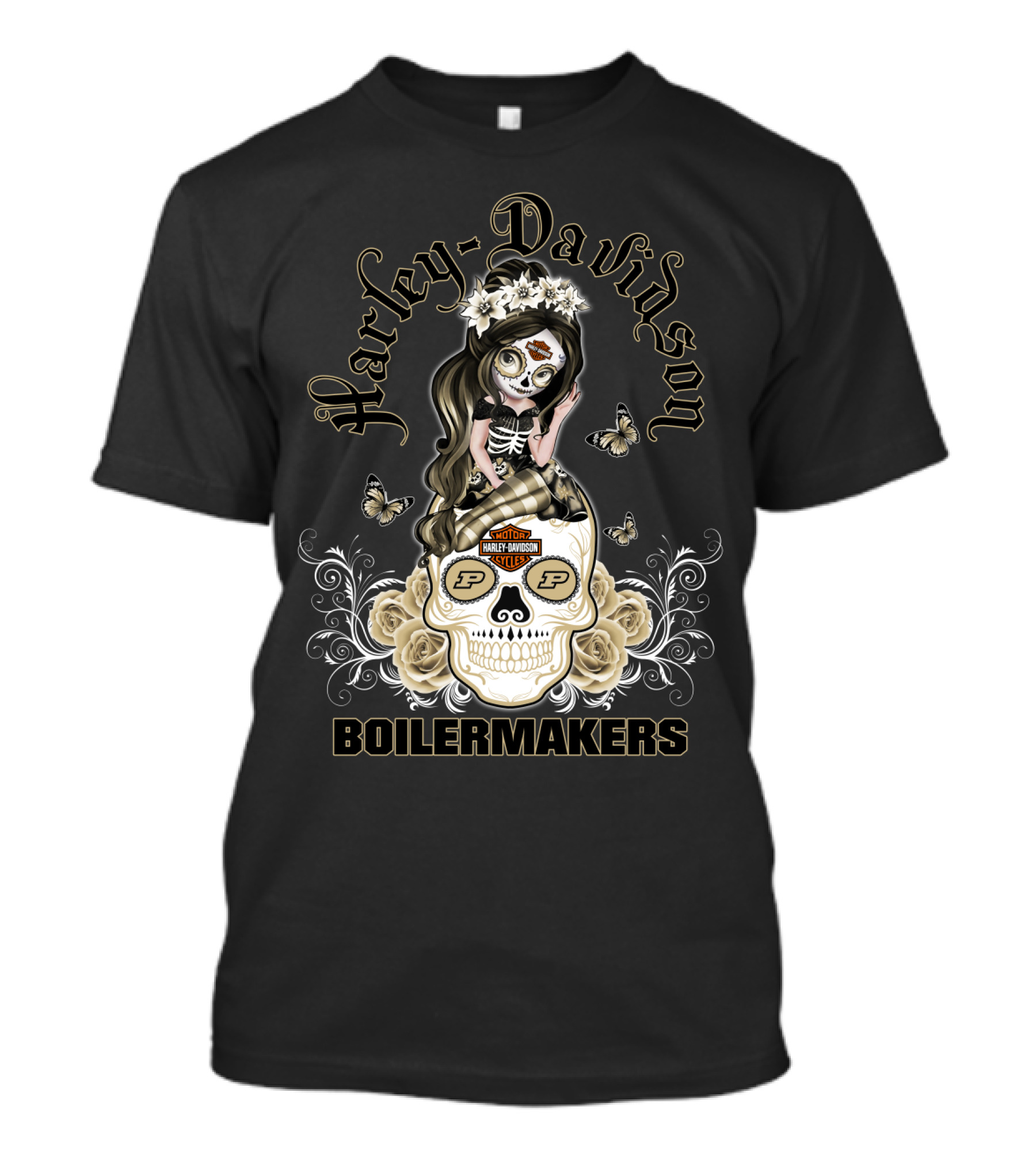 Harley Davidson Motor Cycles Boilermakers Purdue P Skull Roses Butterflies T-Shirt