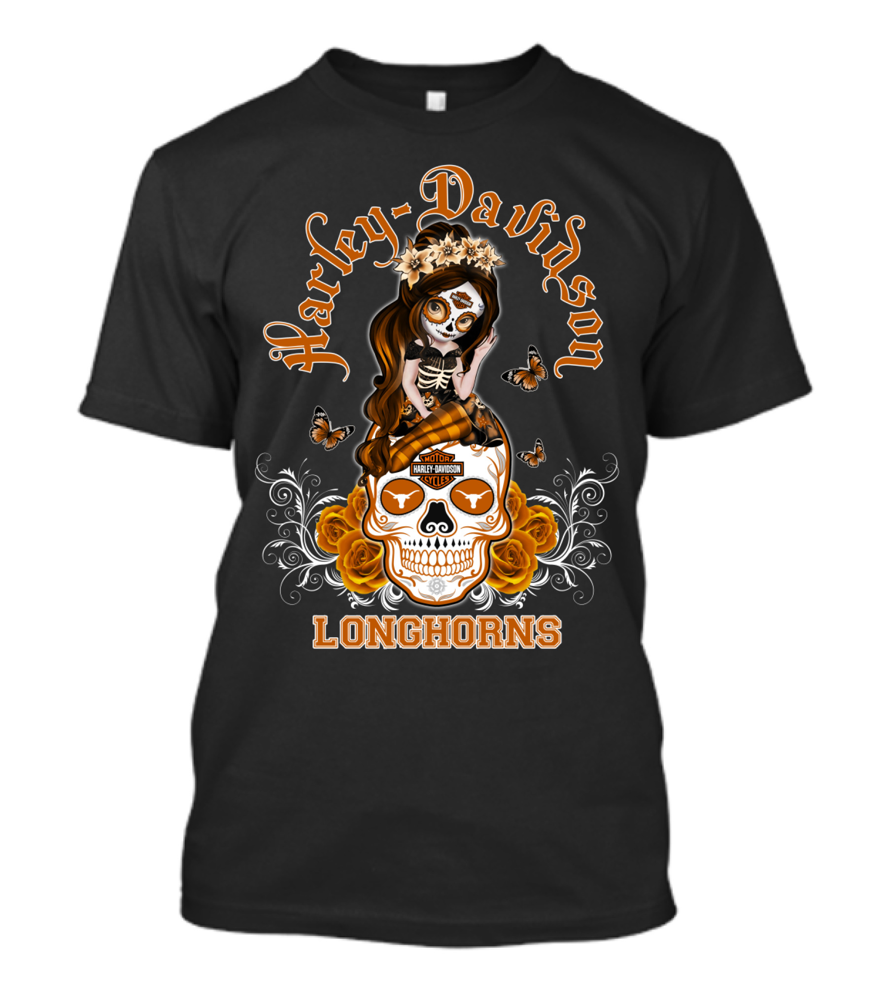Harley Davidson Longhorns Texas Girl Skull Floral Motif T-Shirt