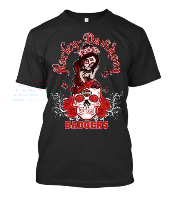Harley Davidson Wisconsin Badgers Skull Rose Blossoms T-Shirt