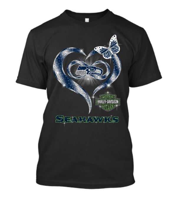 Seattle Seahawks Harley Davidson Heart Butterfly Sparkle T-Shirt