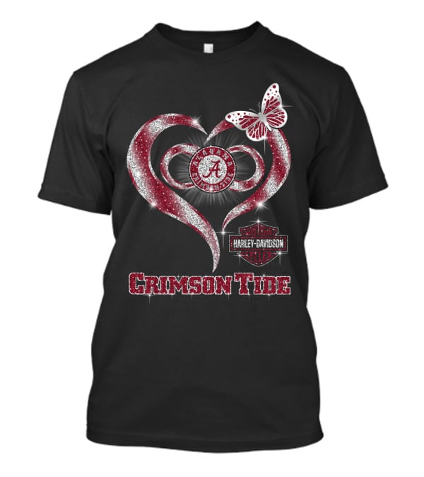 Alabama Crimson Tide Harley Davidson Heart With Butterfly Sparkle T-Shirt