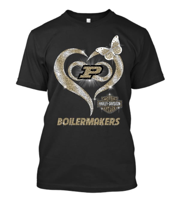 Purdue Boilermakers Harley Davidson Heart With Butterfly And P T-Shirt