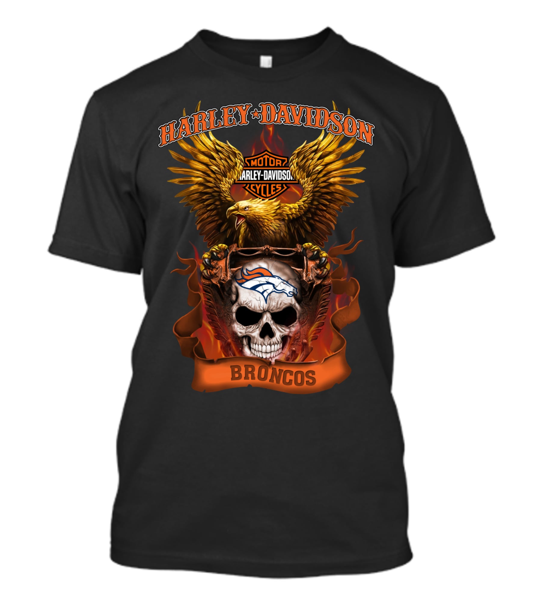 Harley Davidson Motor Cycles Broncos Eagle Skull T-Shirt