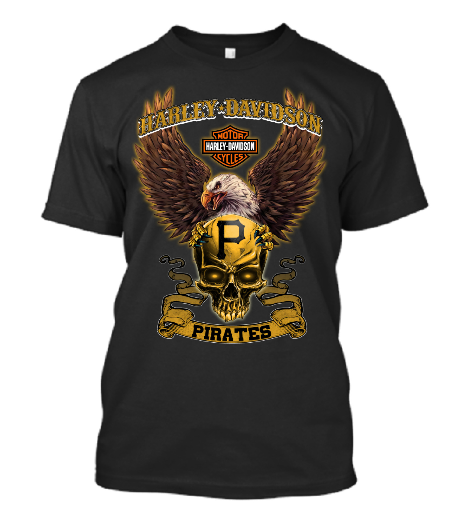 Harley Davidson Motor Cycles Skull Eagle Pittsburgh Pirates T-Shirt