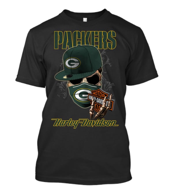 Packers Harley Davidson Skull With Green Bay Packers Cap And Bandana T-Shirt