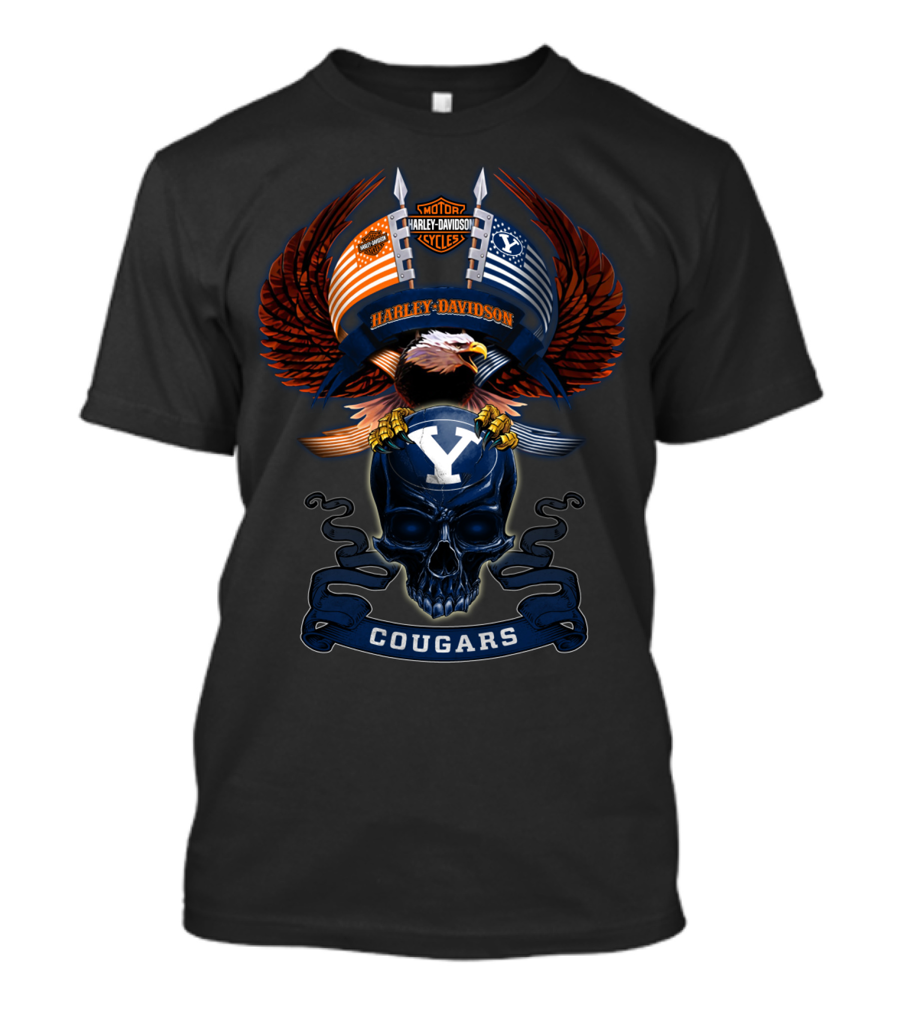 Motor Harley Davidson Cougars Byu Y Skull And Eagle Wings T-Shirt