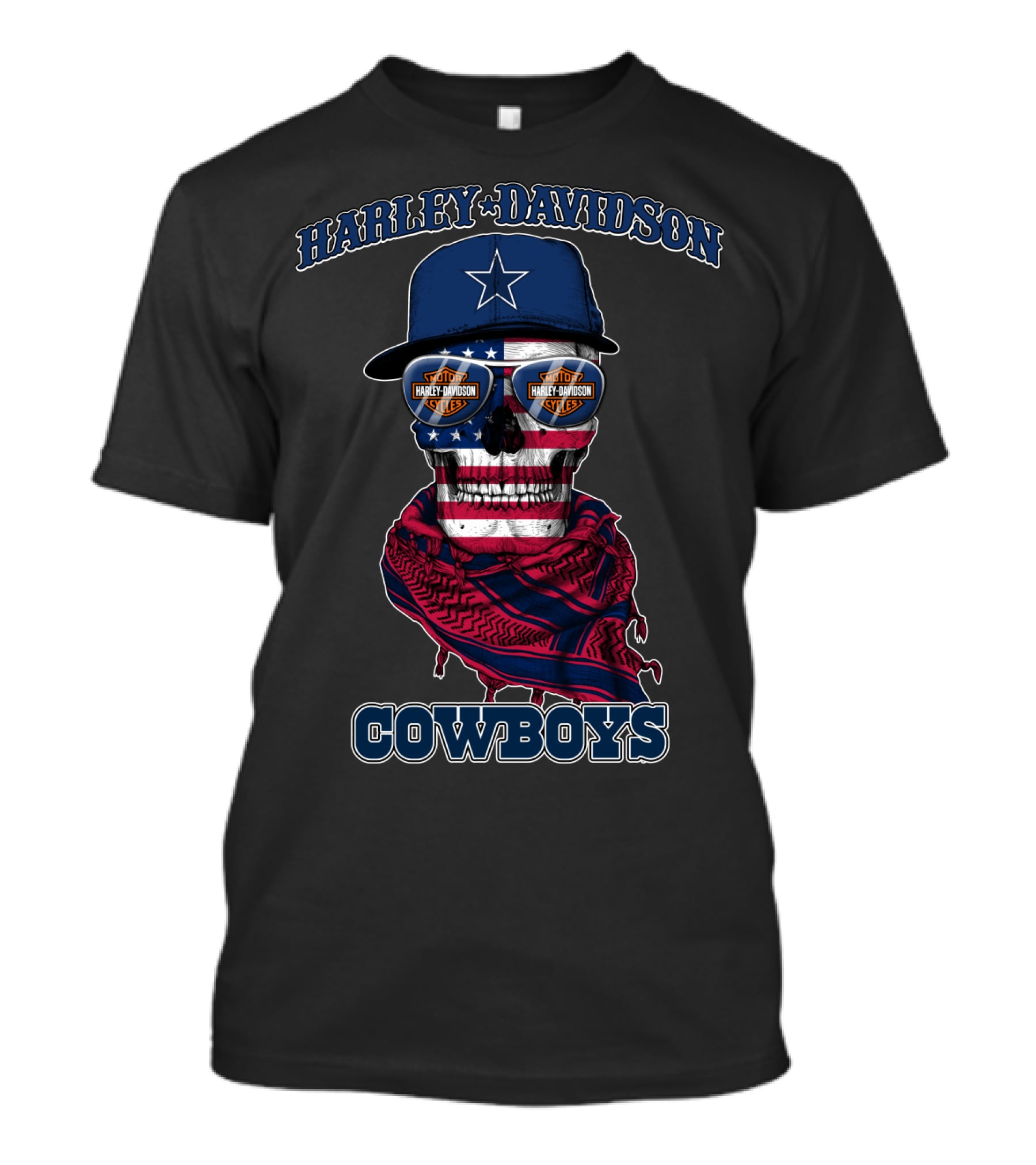 Harley Davidson Usa Cowboys Skull With Flag Bandana And Star Cap T-Shirt