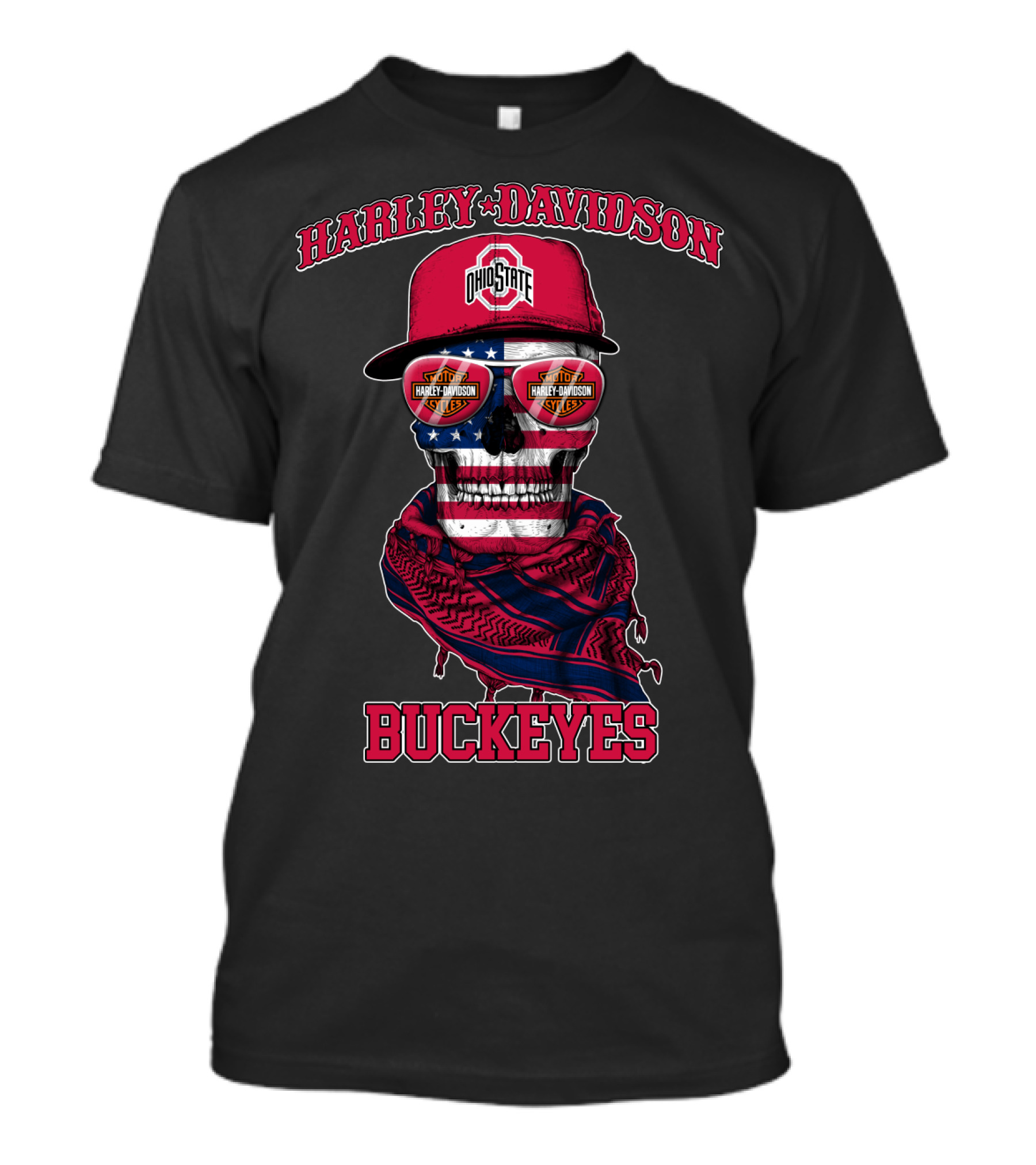 Harley Davidson Ohio State Buckeyes Usa Flag Skull T-Shirt