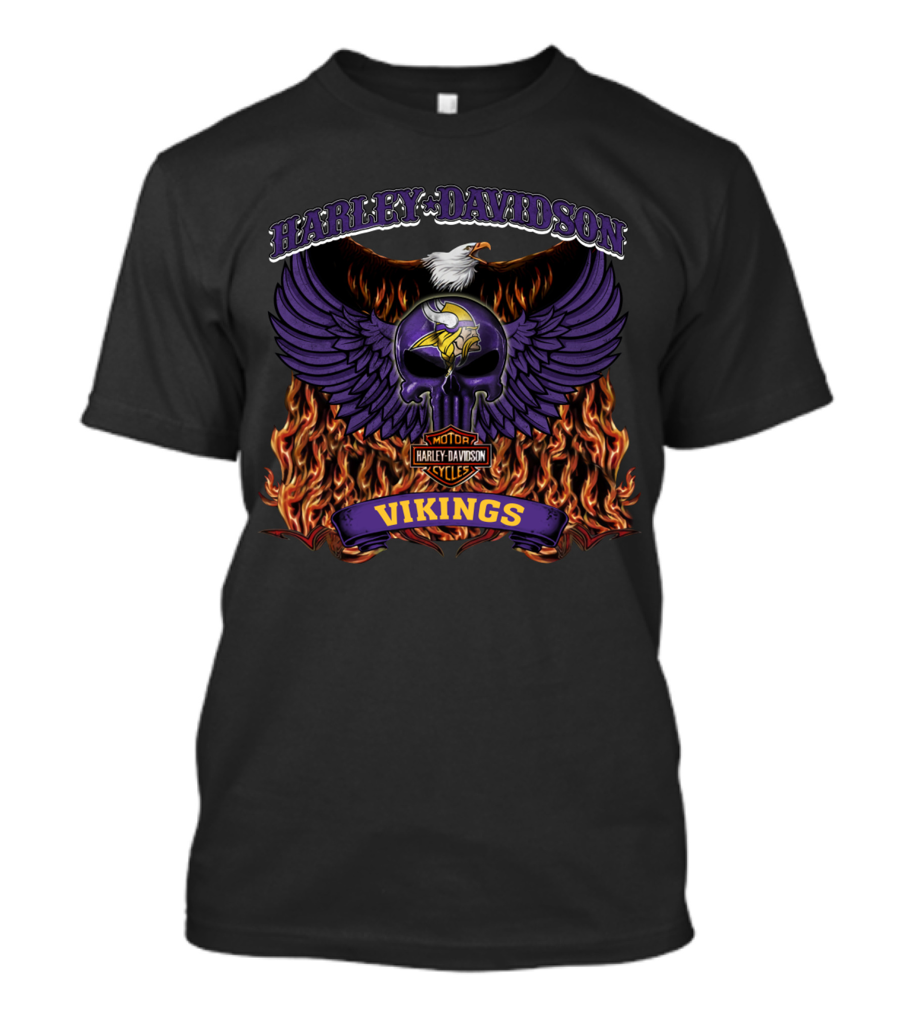 Harley Davidson Minnesota Vikings Nfl Motorcycles Flaming Winged Skull T-Shirt