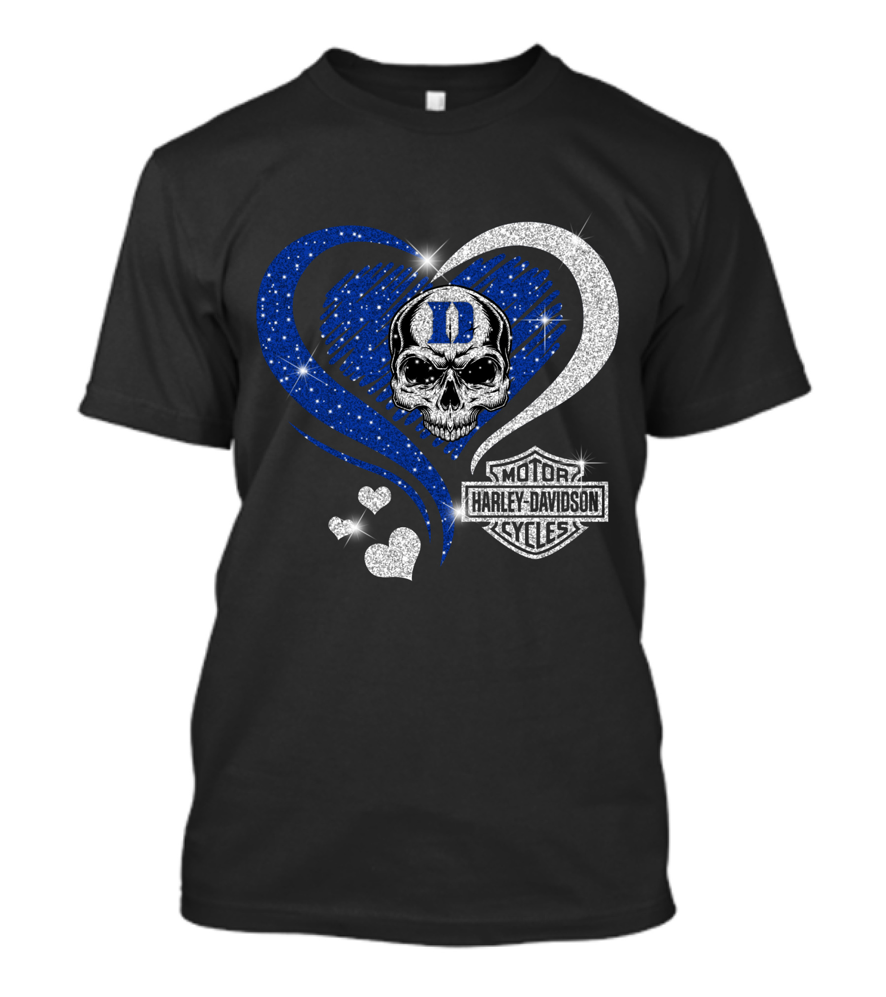 Duke Blue Devils Skull Heart Harley Davidson Motor Cycles Sparkle T-Shirt