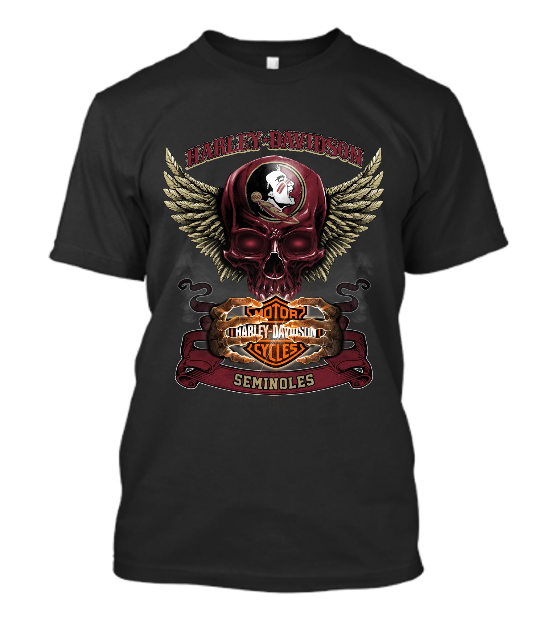 Harley Davidson Seminoles Skull With Florida State Motor Cycles Wings T-Shirt