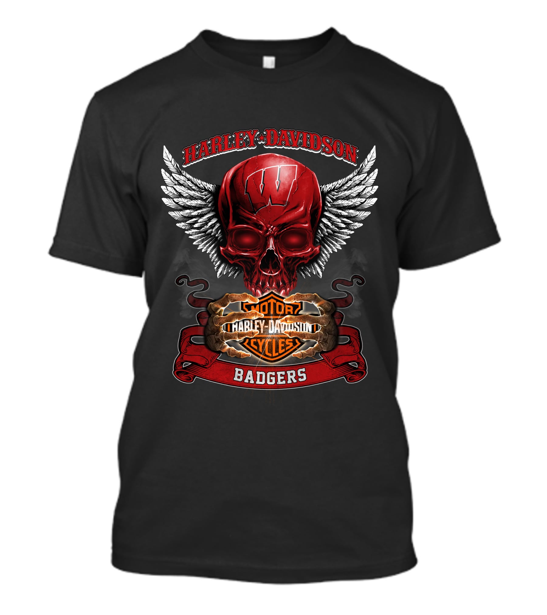 Harley Davidson Wisconsin Badgers Motorcycles Winged Skull T-Shirt