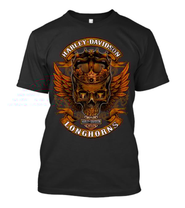 Harley Davidson Longhorns Skull Crown Wings T-Shirt