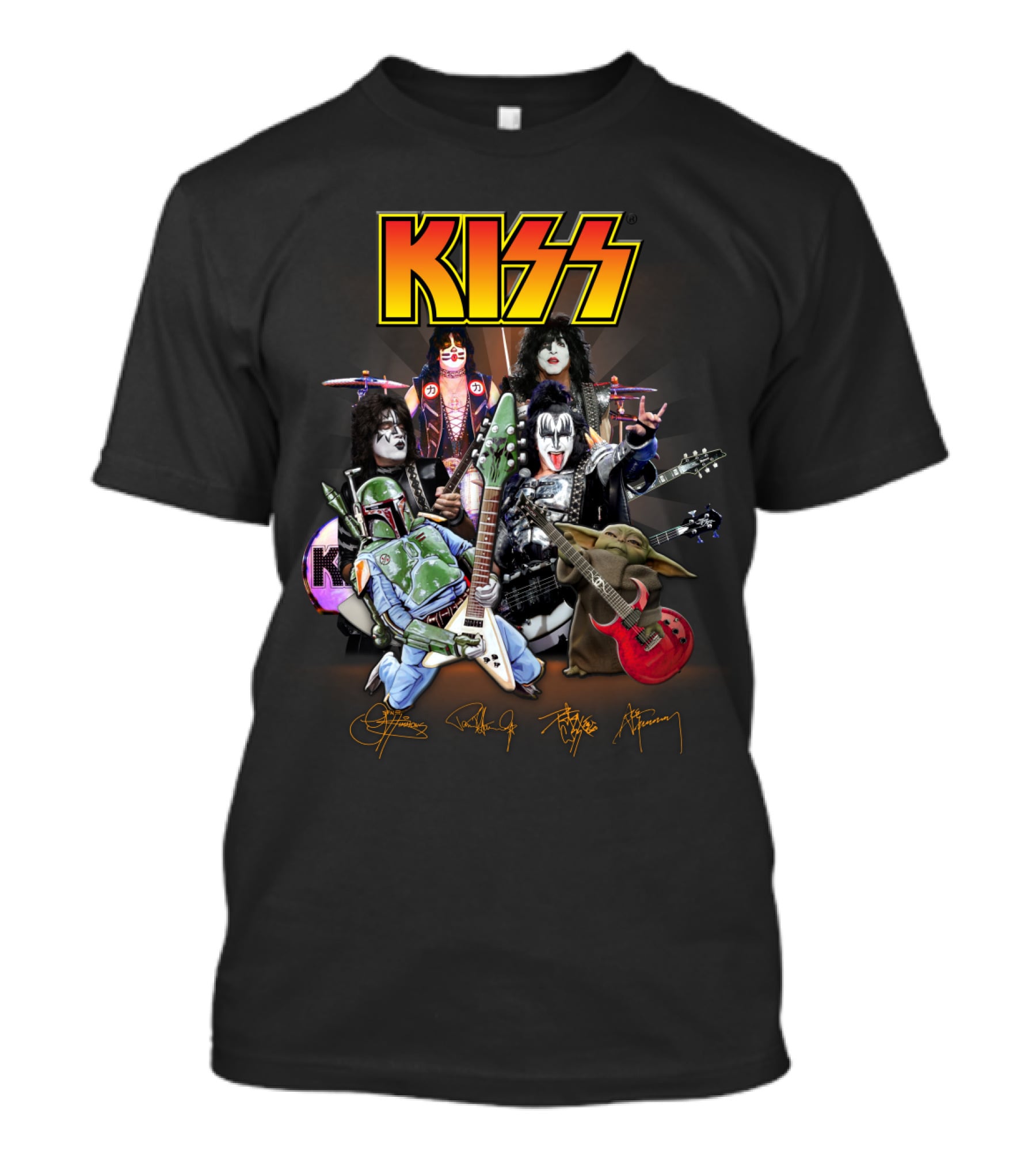 Kiss Star Wars Crossover With Boba Fett And Grogu Guitar Band Members T-Shirt