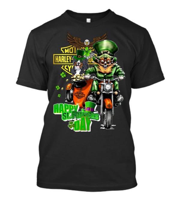 Happy St. Patrick's Day Harley Davidson Leprechaun And Bernese Mountain Dog Ride T-Shirt