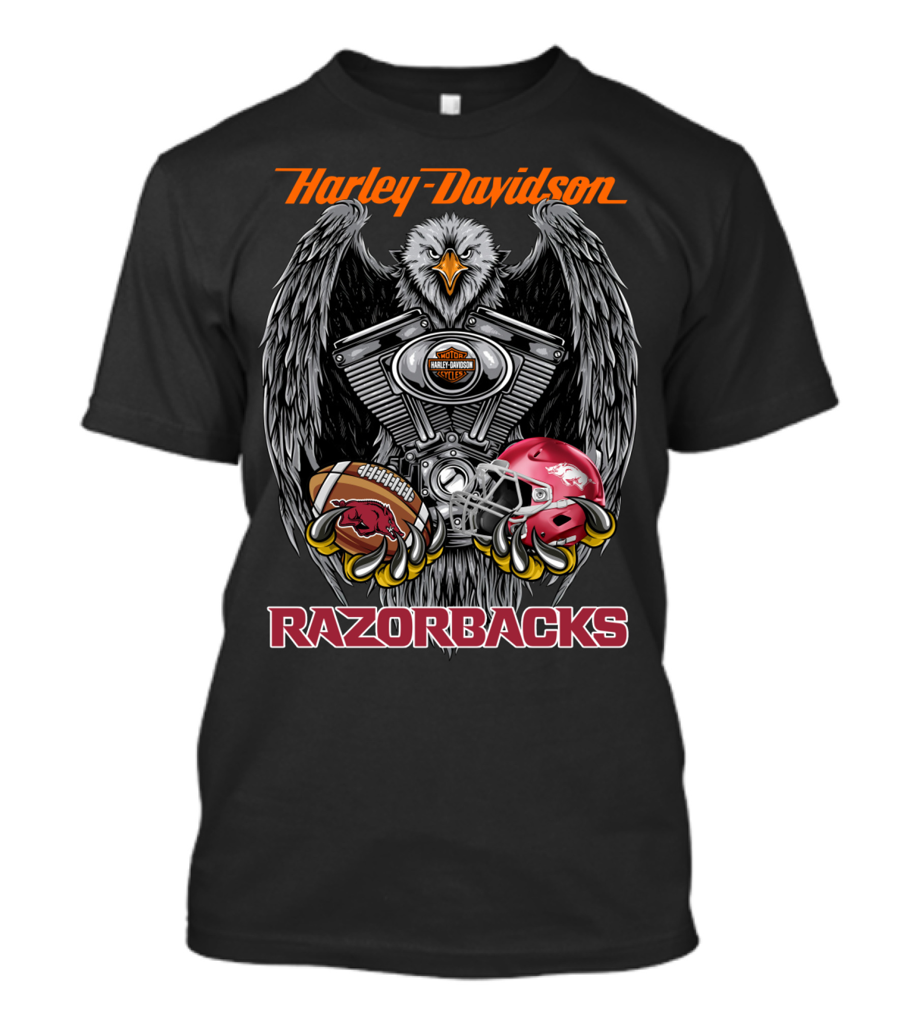 Harley Davidson Razorbacks Ncaa Football Helmet And Eagle Engine T-Shirt