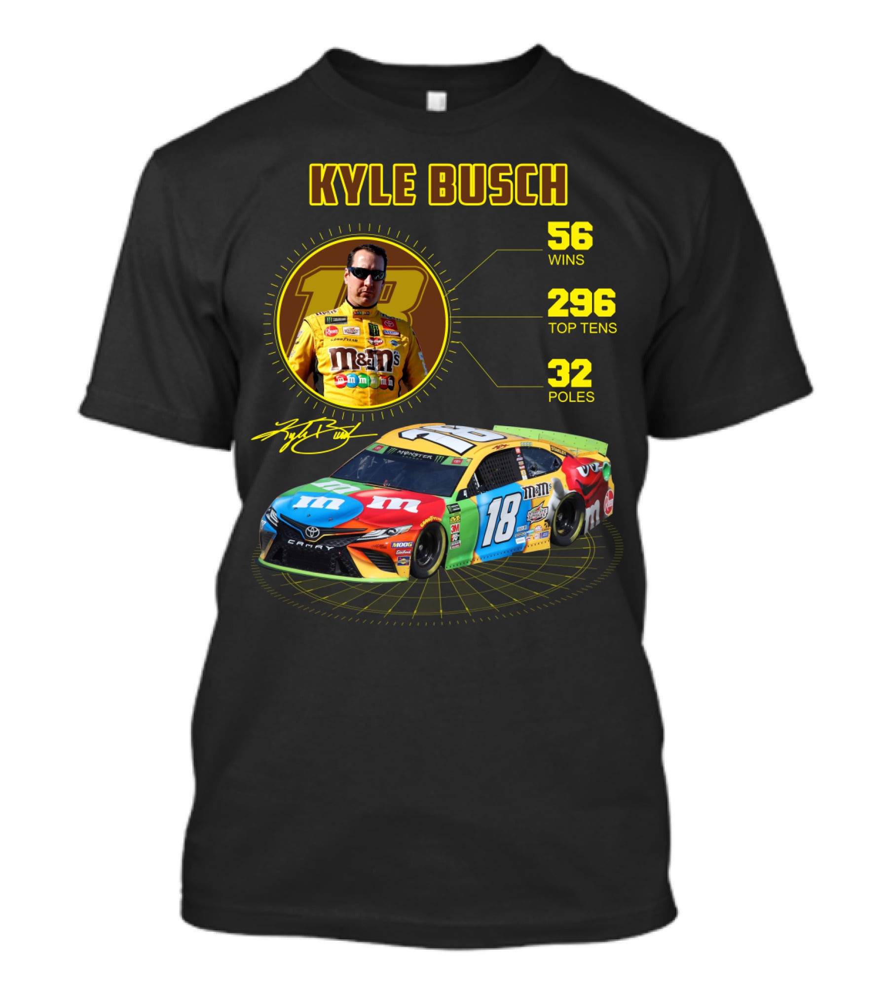 Kyle Busch M&M's 18 Toyota 56 Wins 296 Top Tens 32 Poles T-Shirt