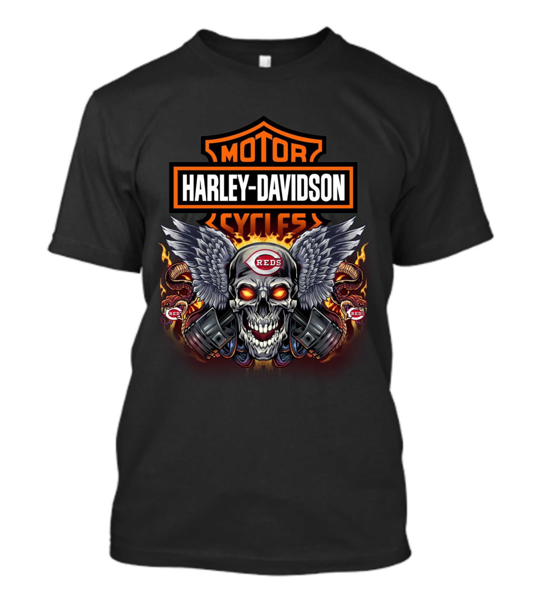 Harley Davidson Motor Cycles Reds Skull Wings Fire Pistons T-Shirt
