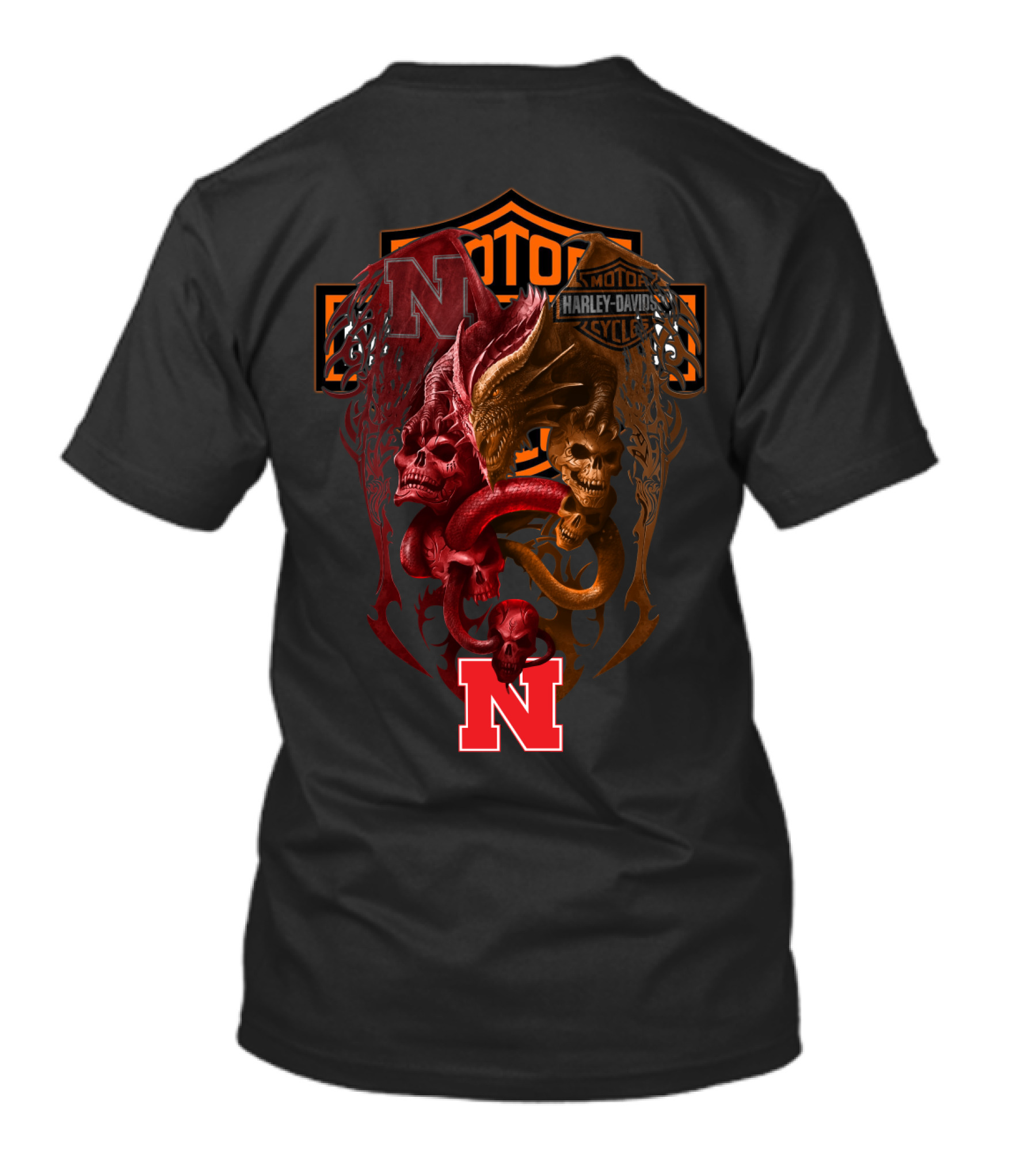 Ncaa Nebraska Red 'N' With Harley Davidson Skull And Serpents T-Shirt