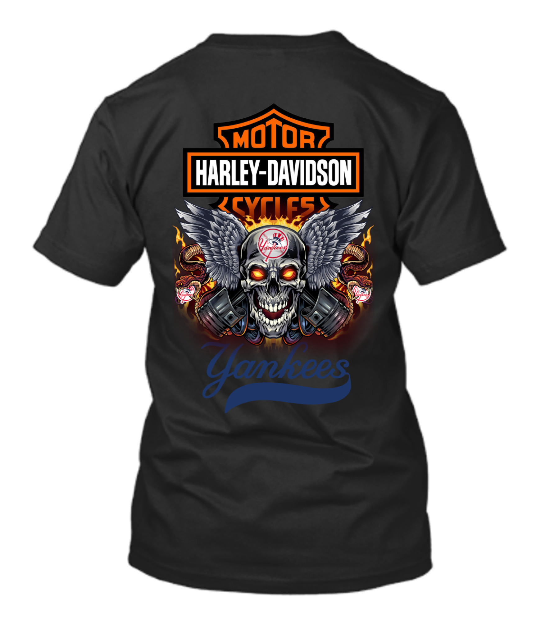 Harley Davidson Motor Cycles Yankees Skull Wings T-Shirt