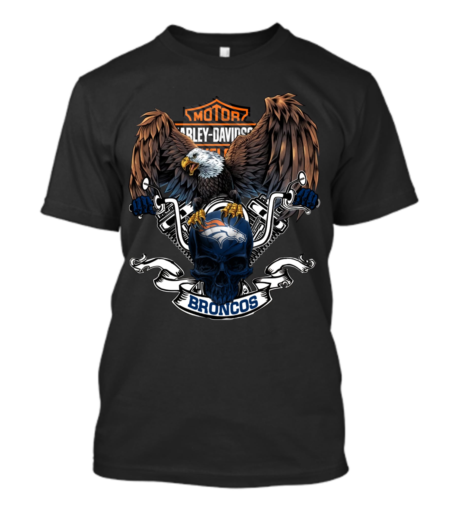 Nfl Denver Broncos Harley Davidson Eagle Skull T-Shirt