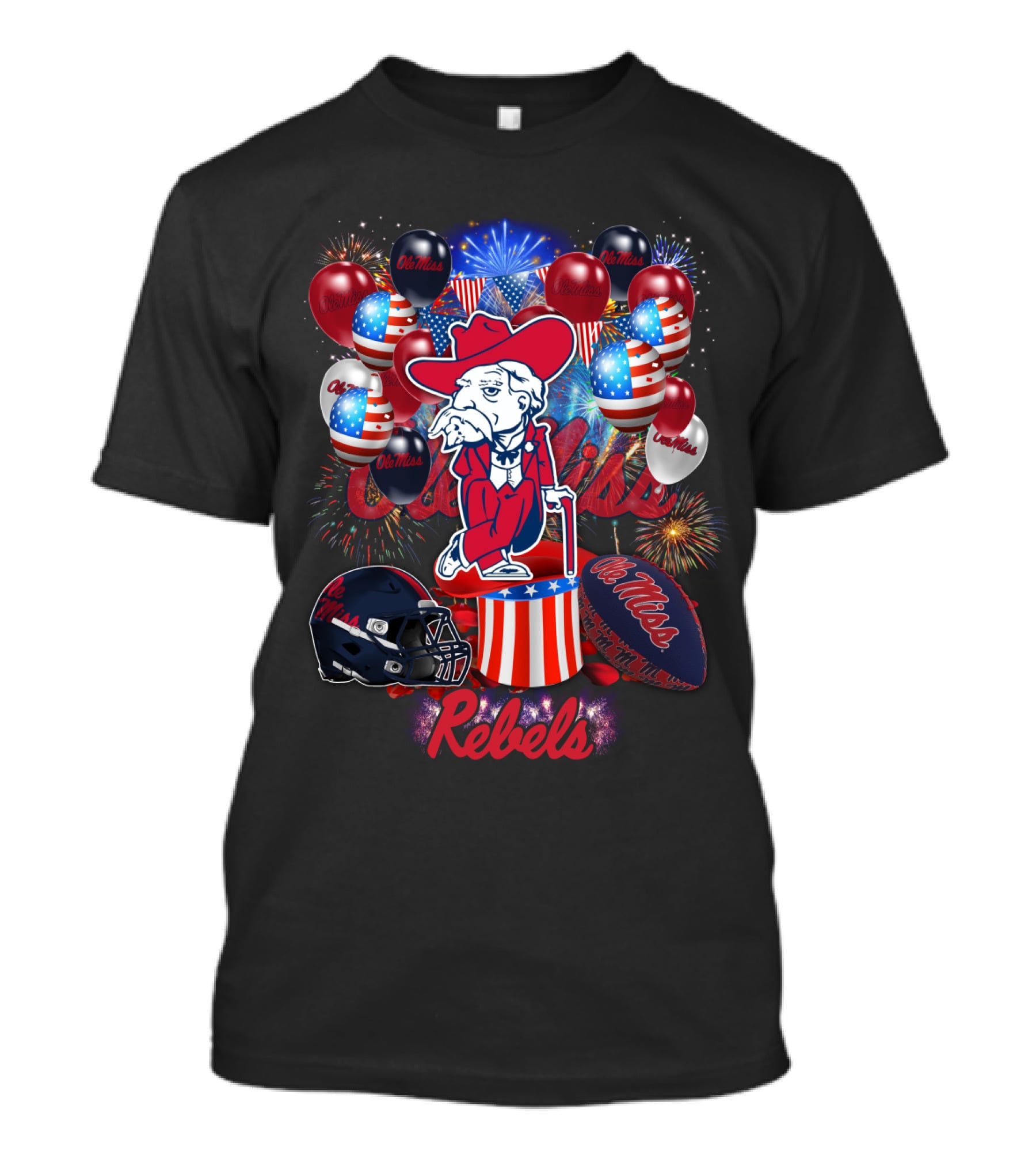 Ncaa2 Ole Miss Rebels Patriotic Balloons Fireworks Football Helmet Colonel Mascot Celebration T-Shirt