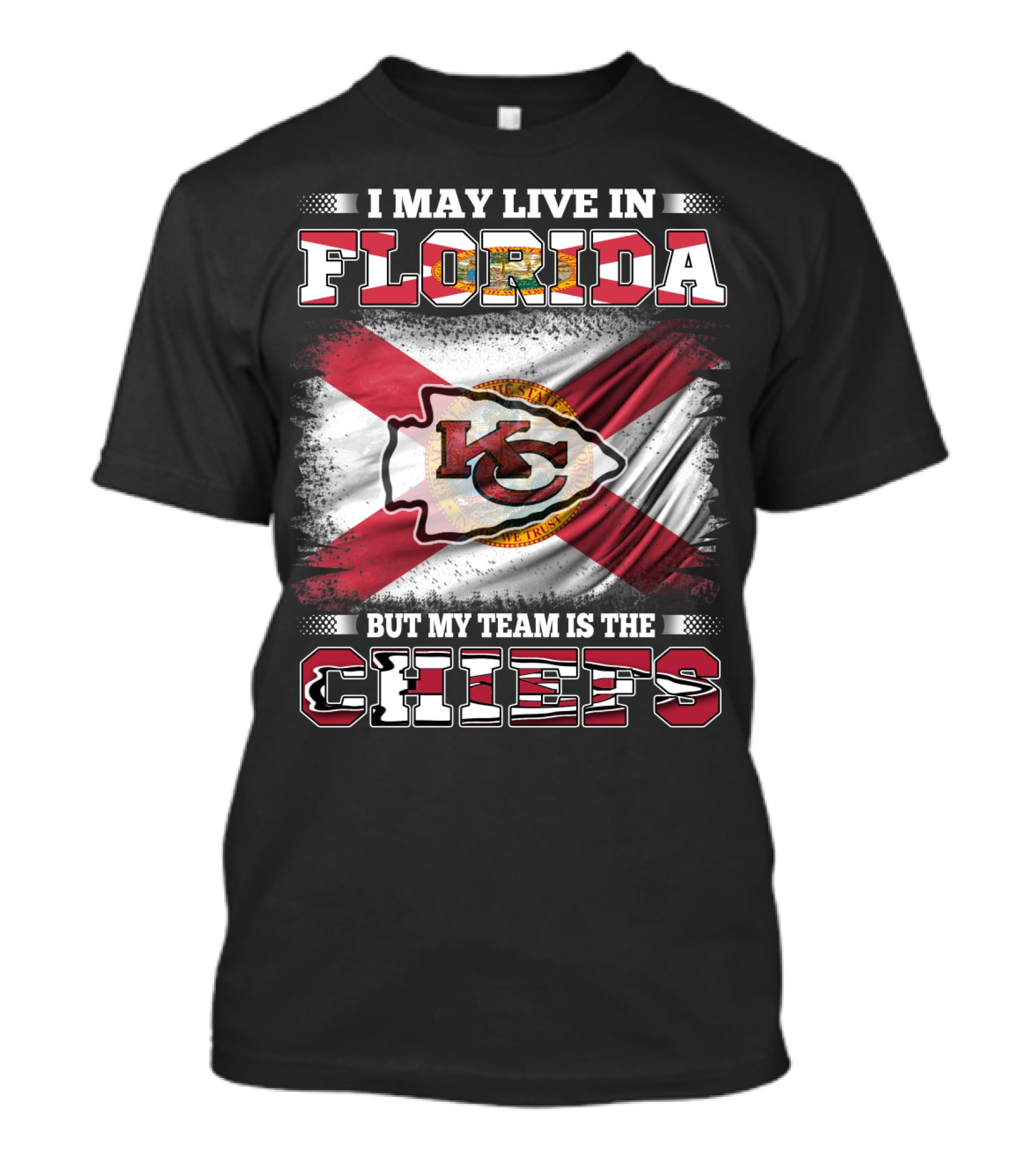 I May Live In Florida But My Team Is The Chiefs KC Logo Florida Flag T-Shirt