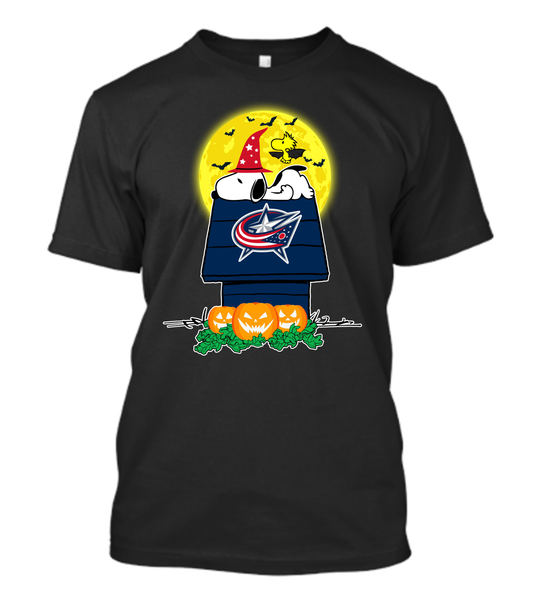 Columbus Blue Jackets Snoopy Halloween Pumpkins Full Moon T-Shirt