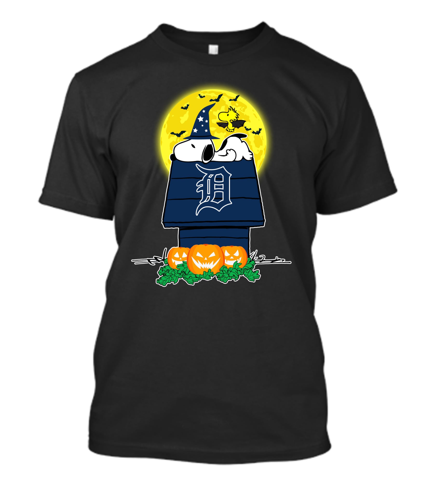 Detroit Tigers Snoopy Woodstock Halloween Pumpkins Moon T-Shirt